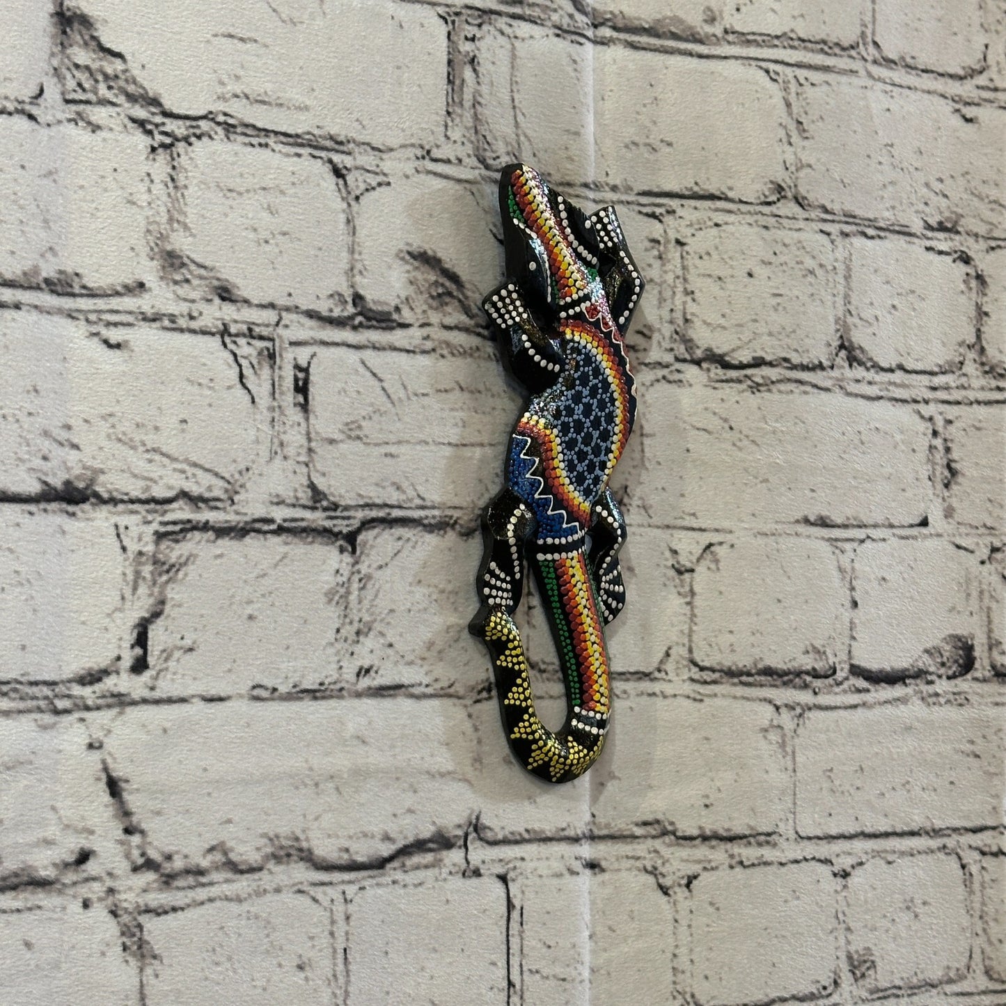 20cm Gecko Carved Wooden Dot Painted Ethnic Tribal Tiki Wall Handmade No 11