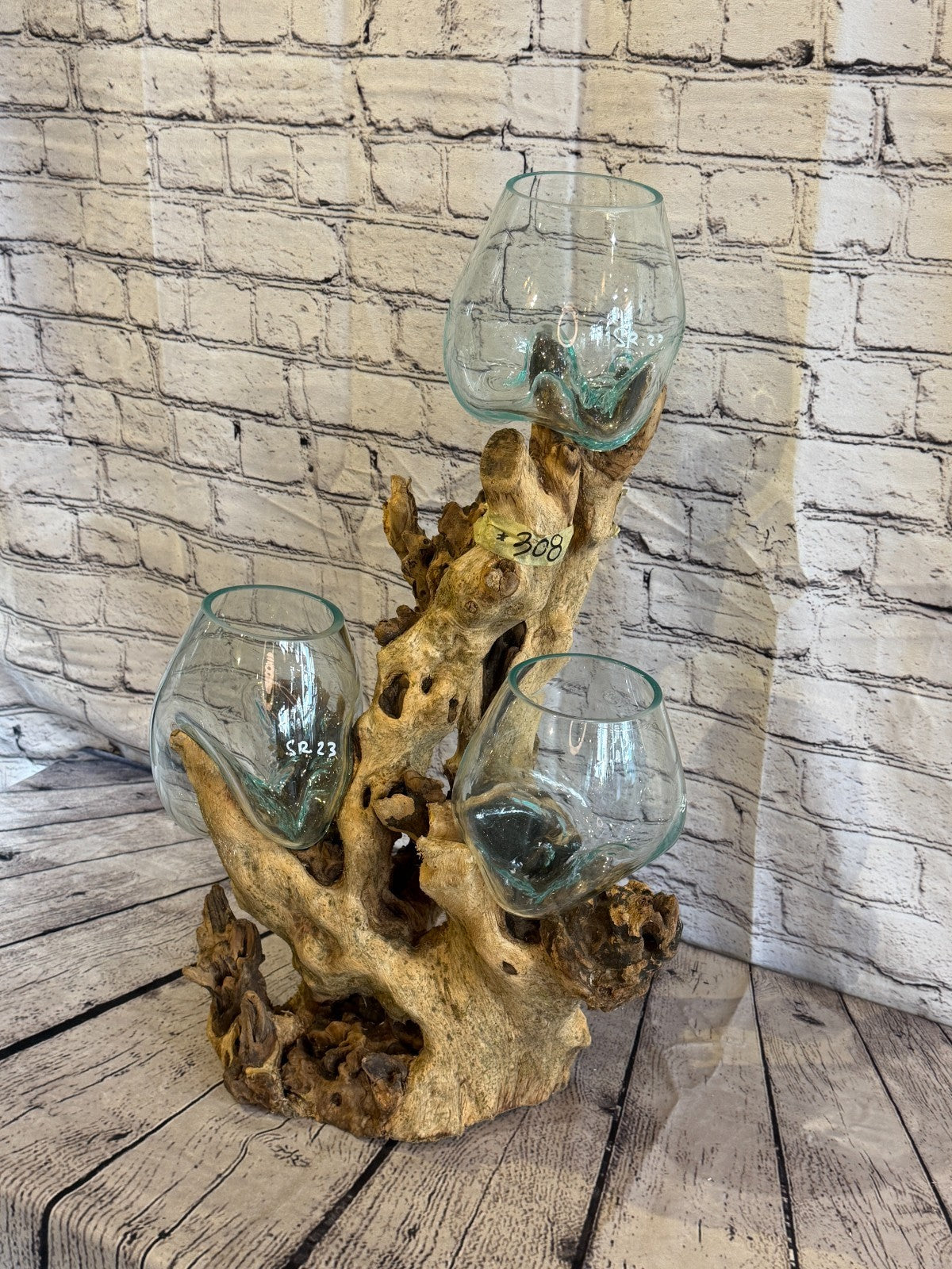 65cm Tall Triple Colour Melted Glass Wood Decorative Vase Glass Sculpture1