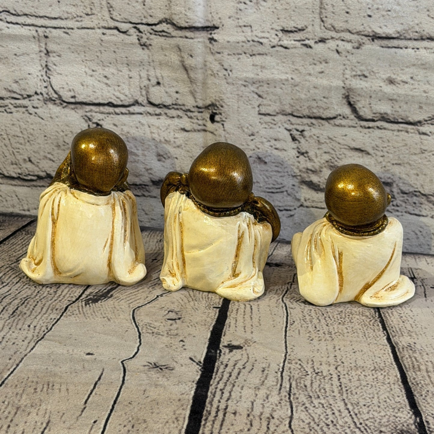 Cream 10cm Set Of 3 Wise Buddha Monks Sitting On Seat Statue Resin Hindu3