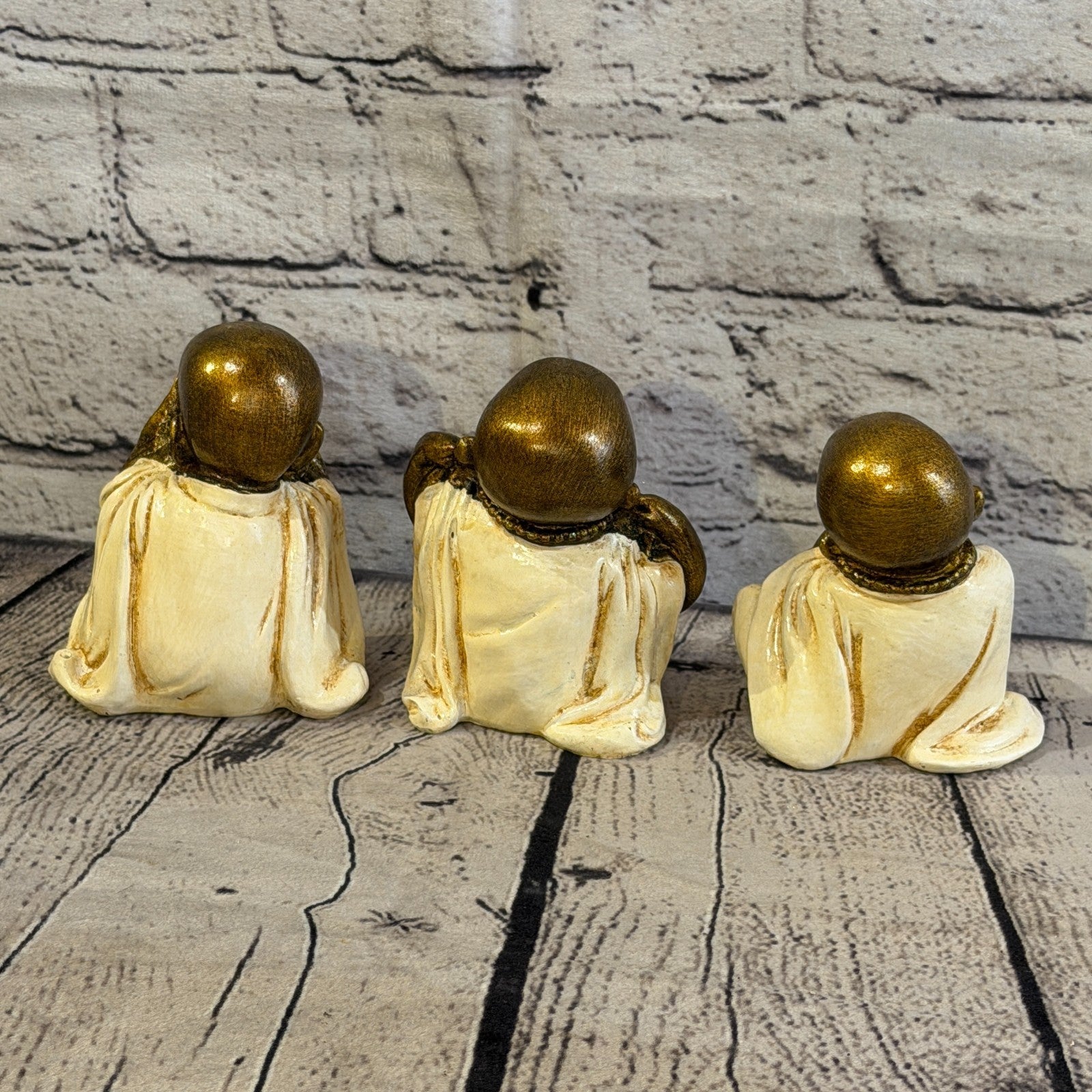 Cream 10cm Set Of 3 Wise Buddha Monks Sitting On Seat Statue Resin Hindu3