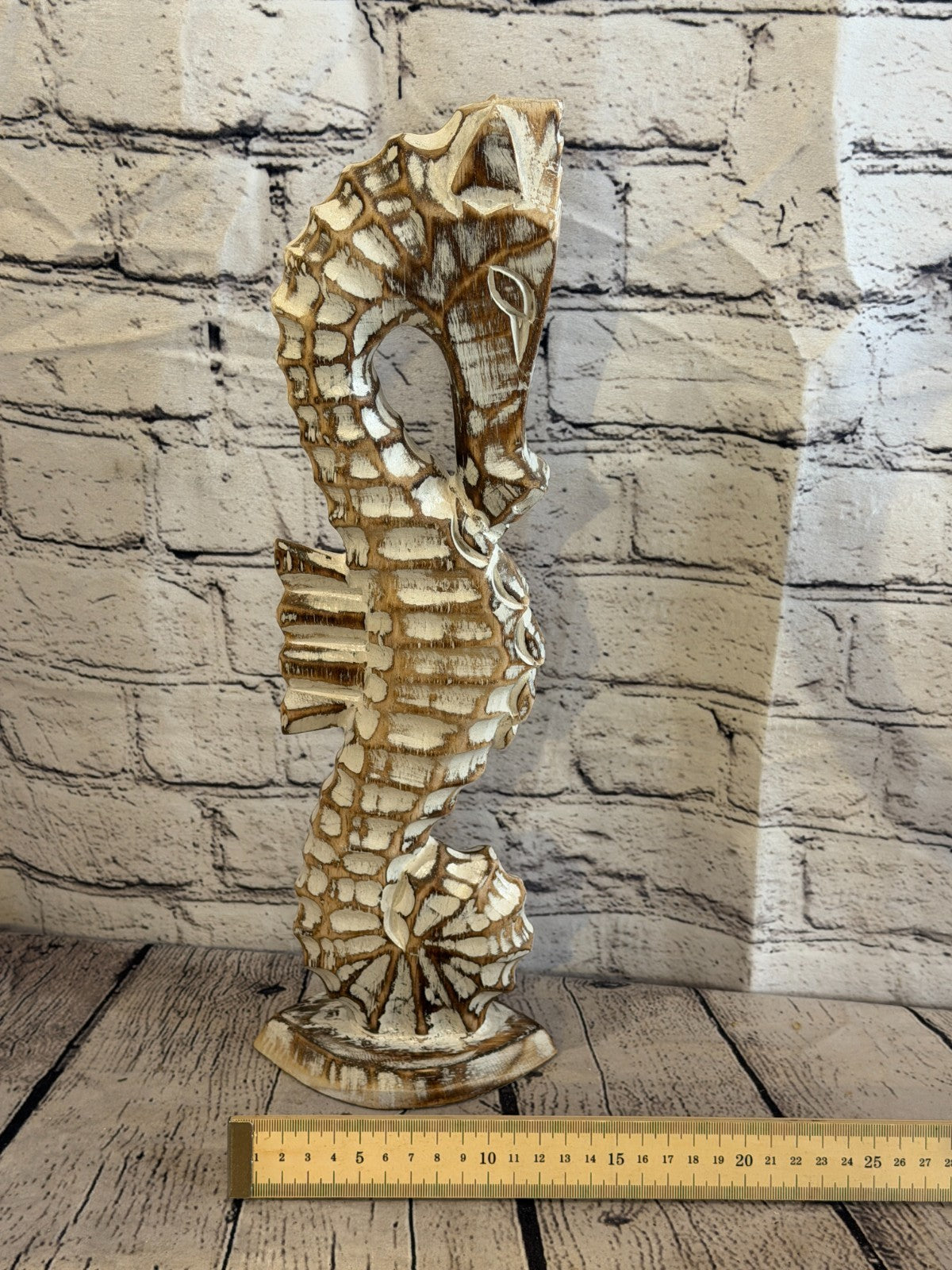 40cm Brown Wooden Shabby Seahorse Statue Ornament Fair Trade Handcarved6