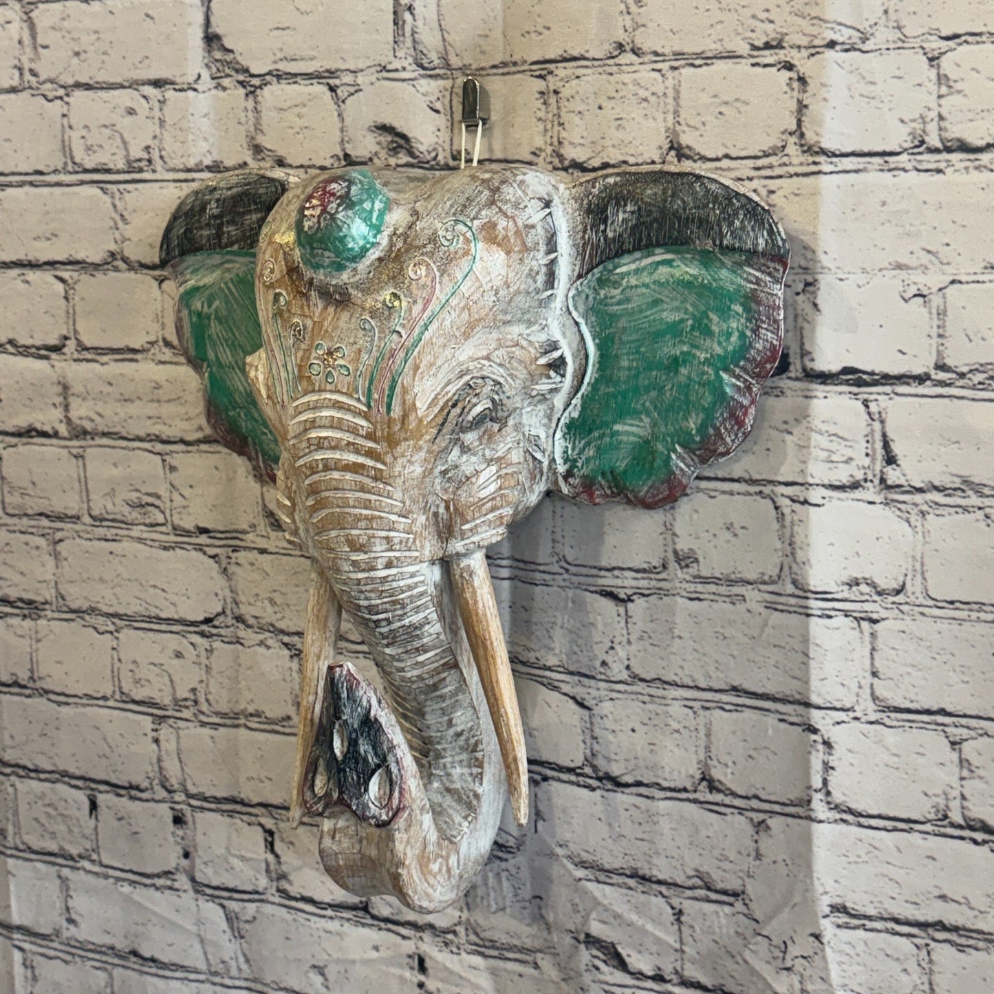 40cm x 35cm Silver Green Painted Wood Elephant Head Wall Mounted Art Shabby1
