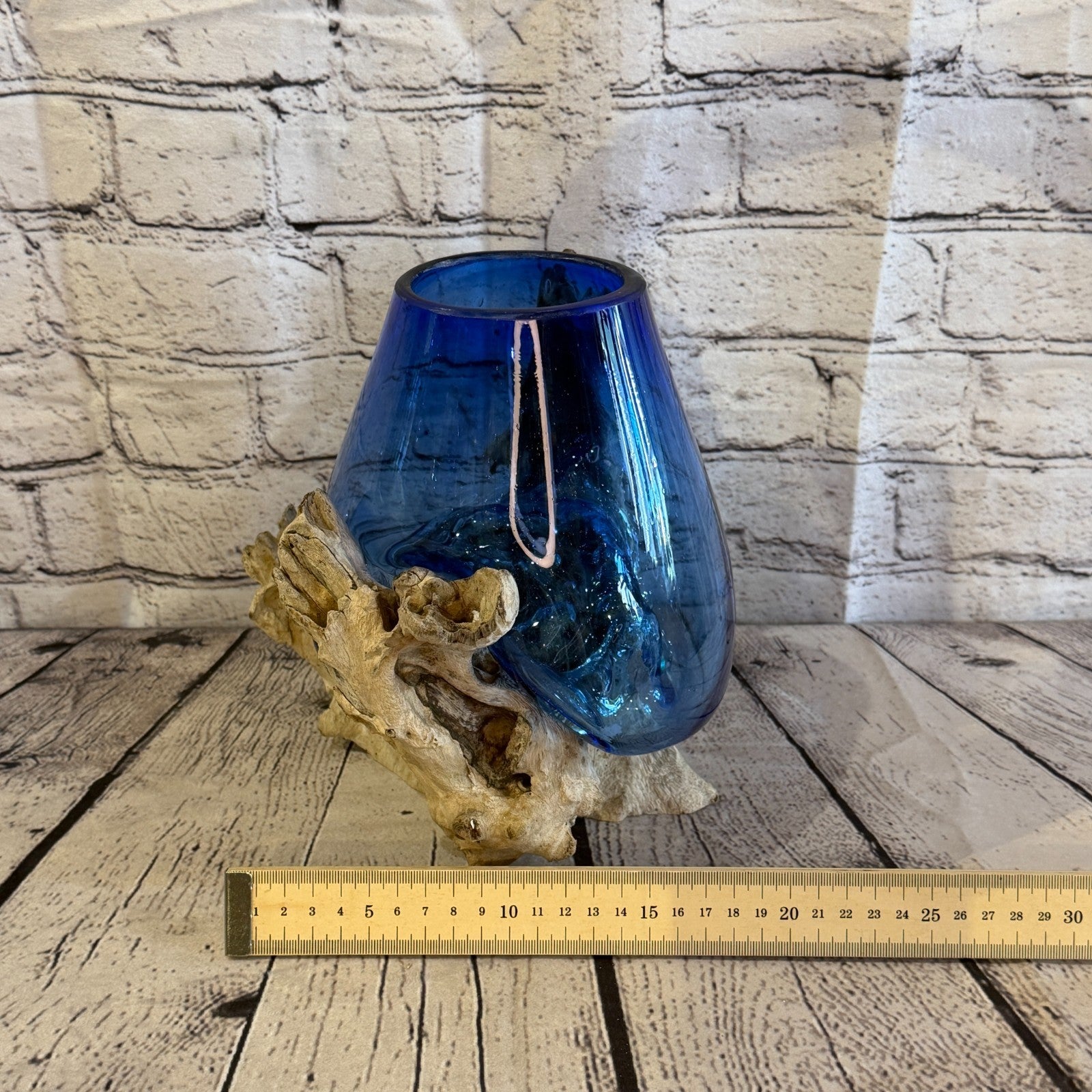 20cm Tall Blue Colour Melted Glass Wood Decorative Vase Glass Sculpture Crafted5