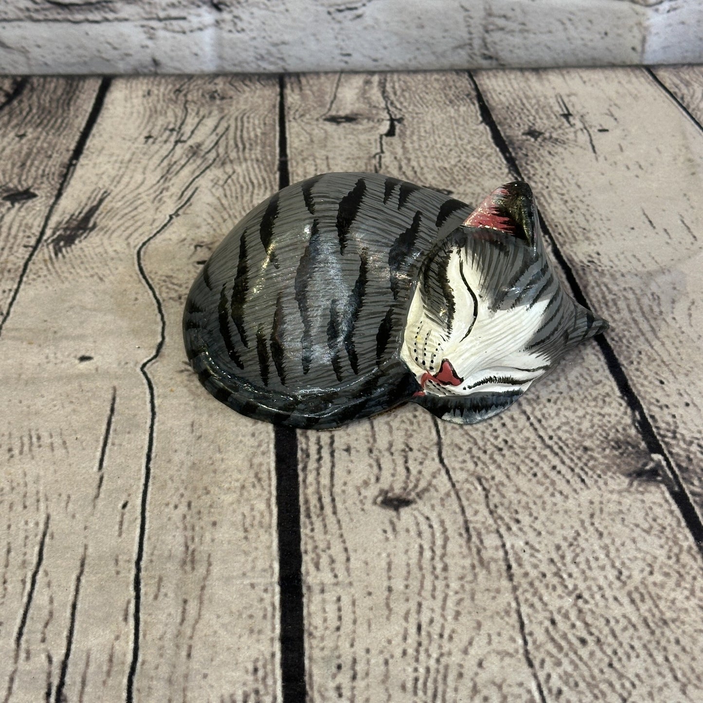 14cm Grey Style Painted Wooden Hand Carved Snoozing Cat Sleeping Cat Wooden0