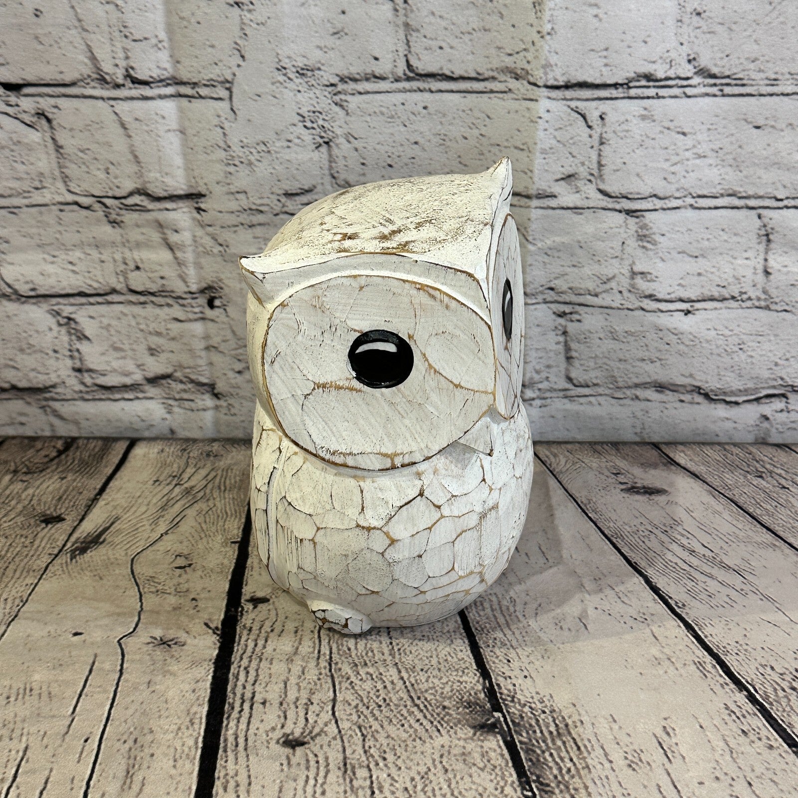 20cm x 15cm White Flower Wooden Shabby Owl Statue Ornament Fair Trade Handcarved2