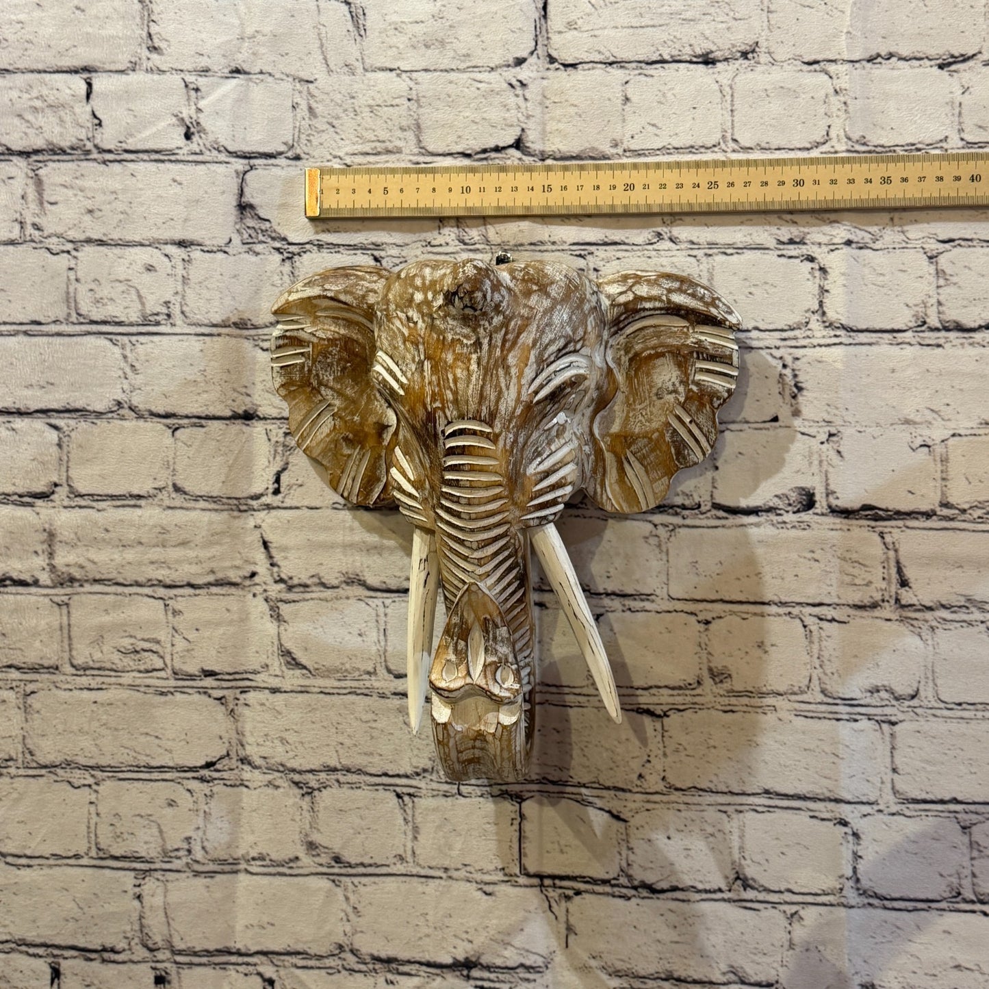 30cm x 30cm Plain Brown Painted Wood Elephant Head Wall Mounted Art Shabby3