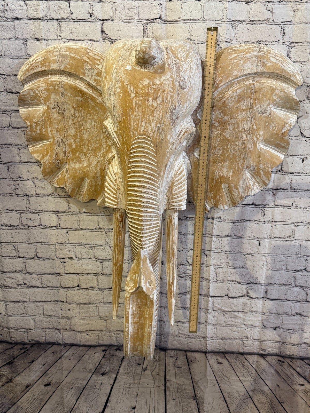 100cm x 80cm White Carved Wood Elephant Head Wall Mounted Art Large Shabby4
