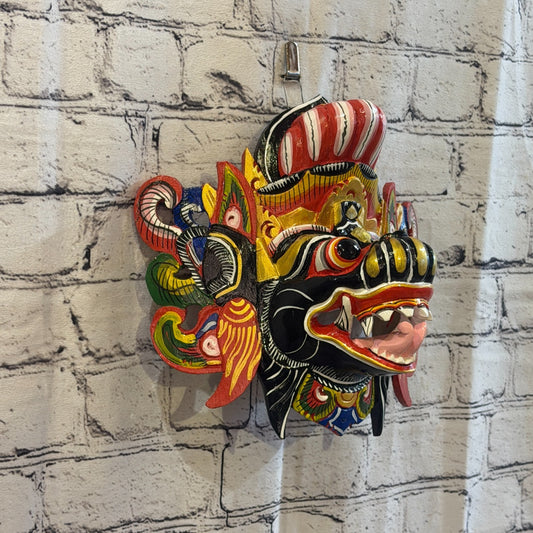 20cm Barong Wide Black Demon Dragon Hindu Deity Wooden Hand Carved Mask Painted0