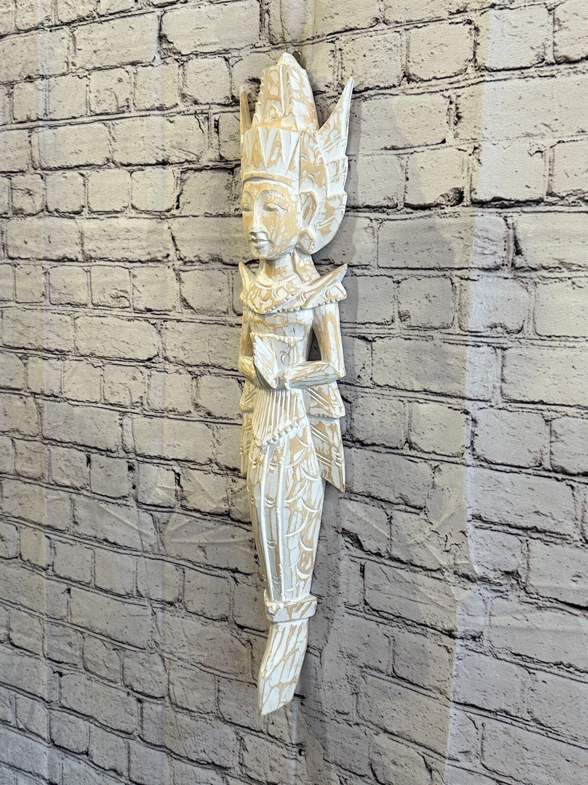 Shabby White Sita Dewi Bali Rice Goddess Wings Mermaid Wood Carving 65cm Pair4