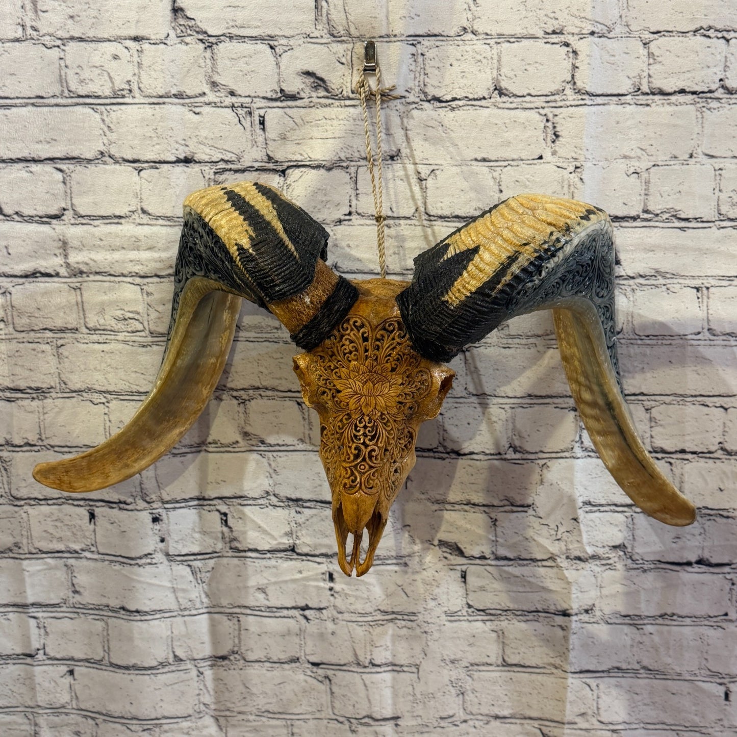 30cm Carved Buffalo Ram Wild Skulls Wall Hanging Carved With Stand Design 32