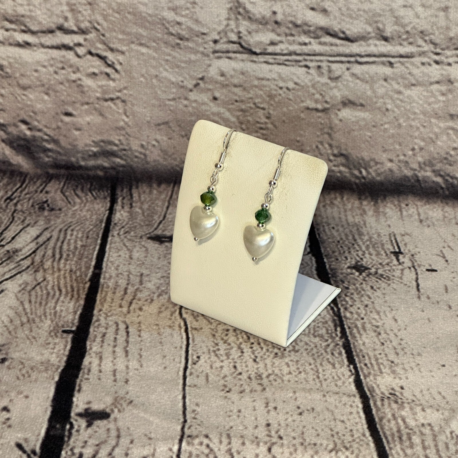 Green Crystal And White Heart Shaped Dangle Drop Earrings Handmade UK Jewellery1