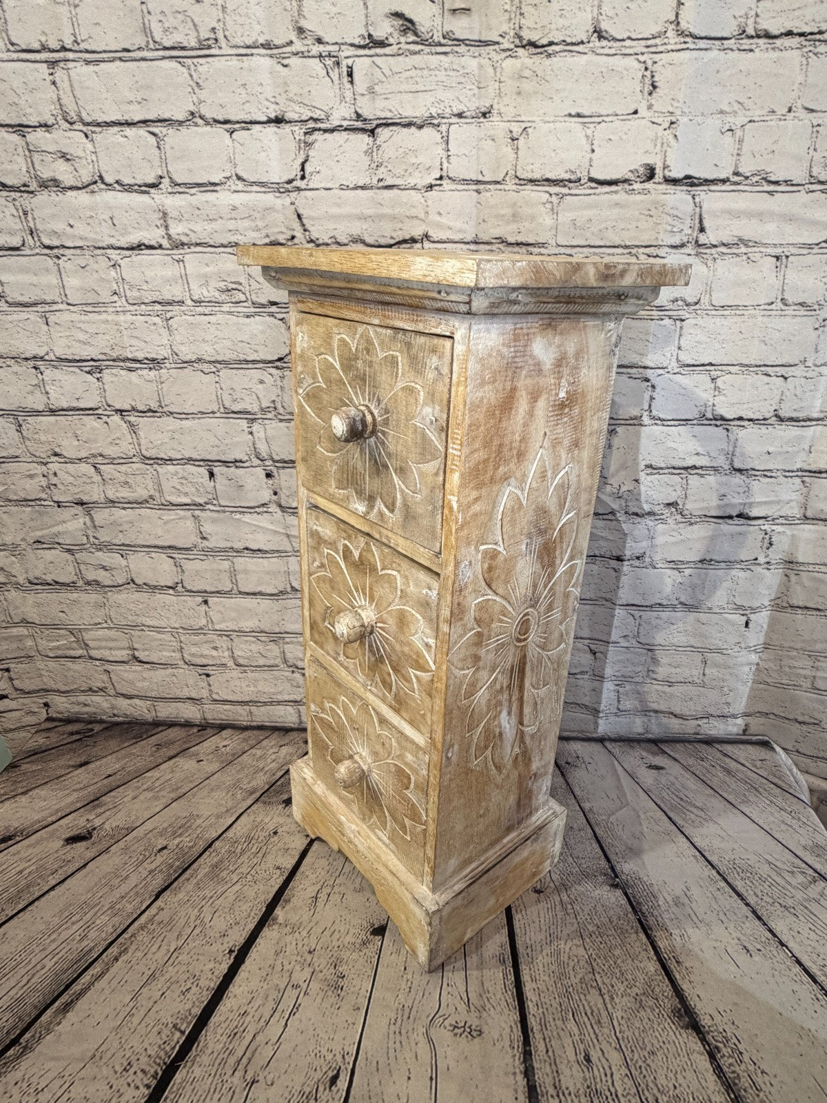 60cm x 25cm White 3 Draw Pillar Wooden Side Cabinet Living Storage Furniture0