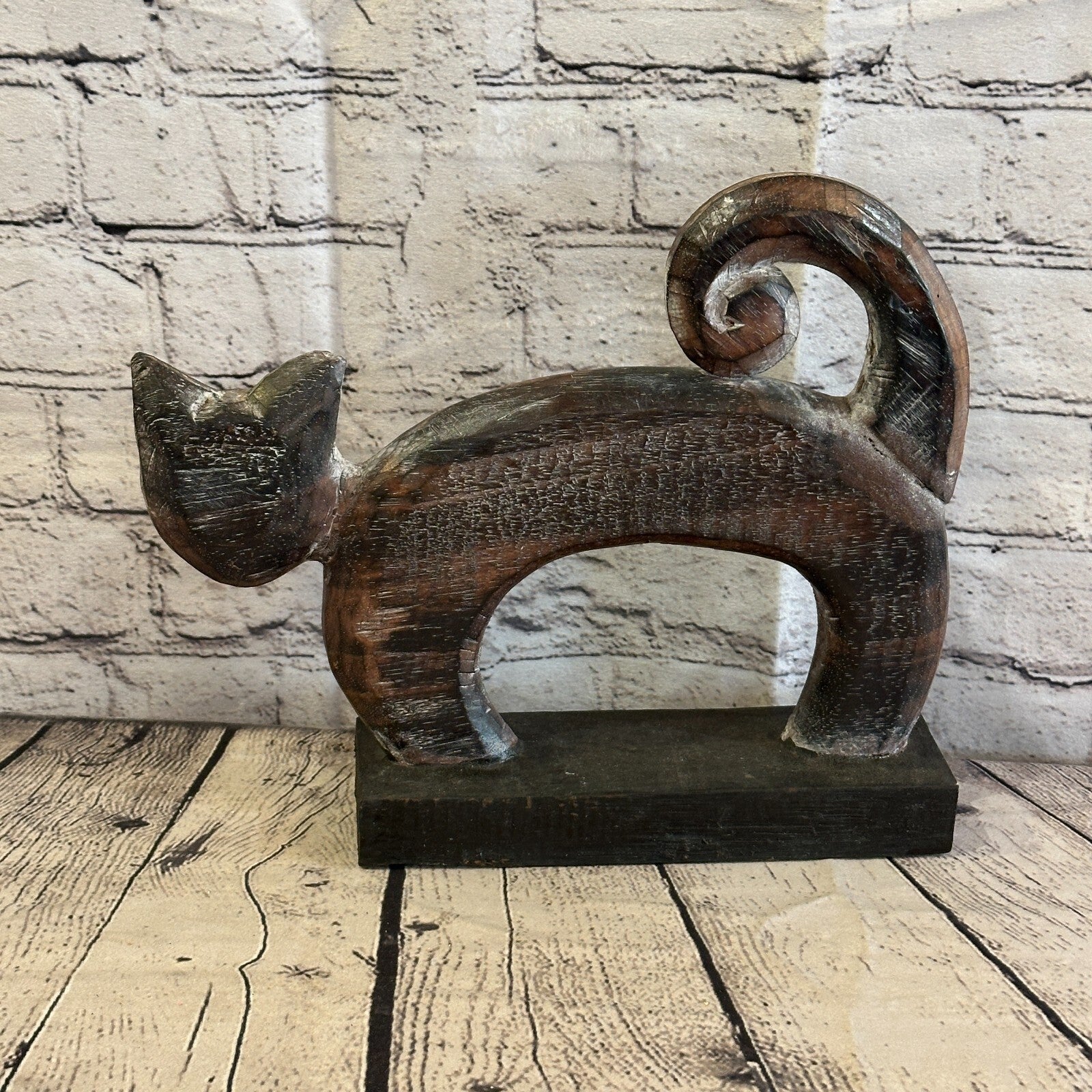 28cm x 25cm  Wooden Tribal Primitive Black Cat Stand Sculpture Statue Art4