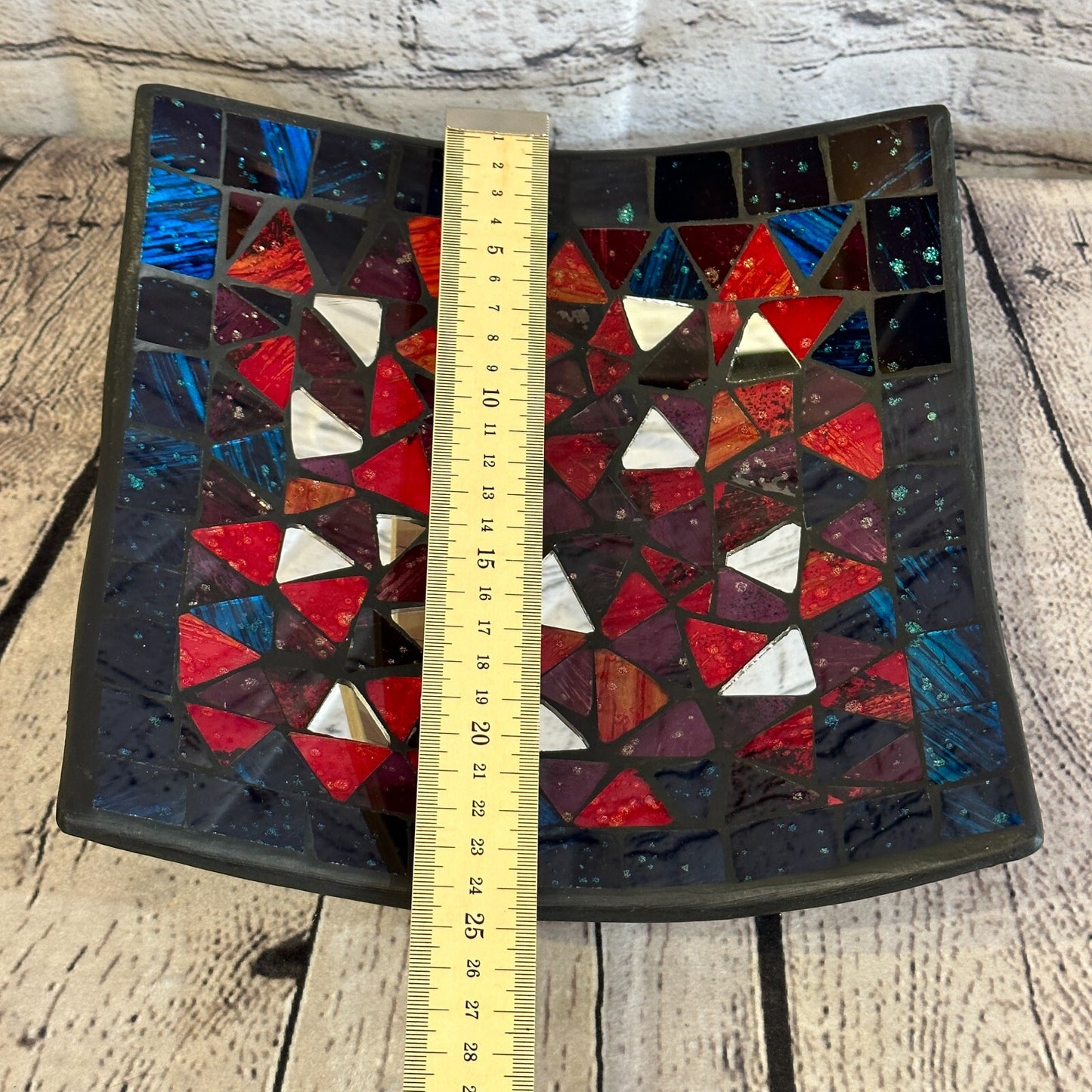 25cm Red Blue Silver Shards Square Mosaic Handmade Ceramic Glass Tile Bowl Fruit2