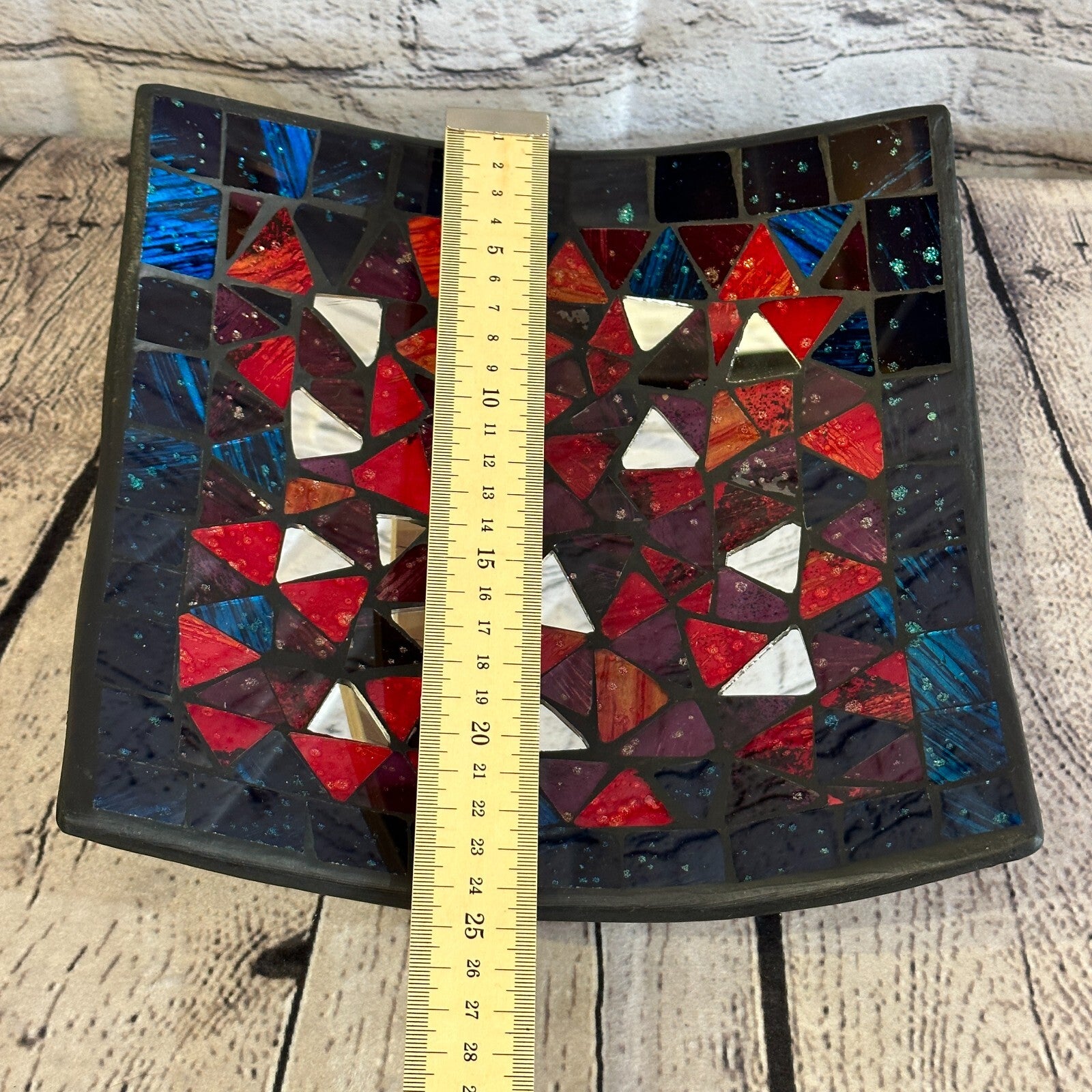 25cm Red Blue Silver Shards Square Mosaic Handmade Ceramic Glass Tile Bowl Fruit2