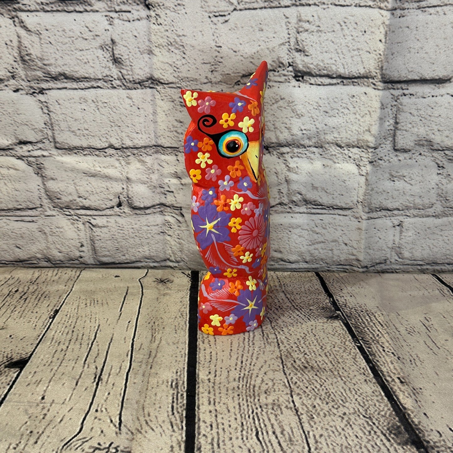 Red Large Wooden Owl With Flower Pattern 20cm x 8cm Handmade and Fairtrade2