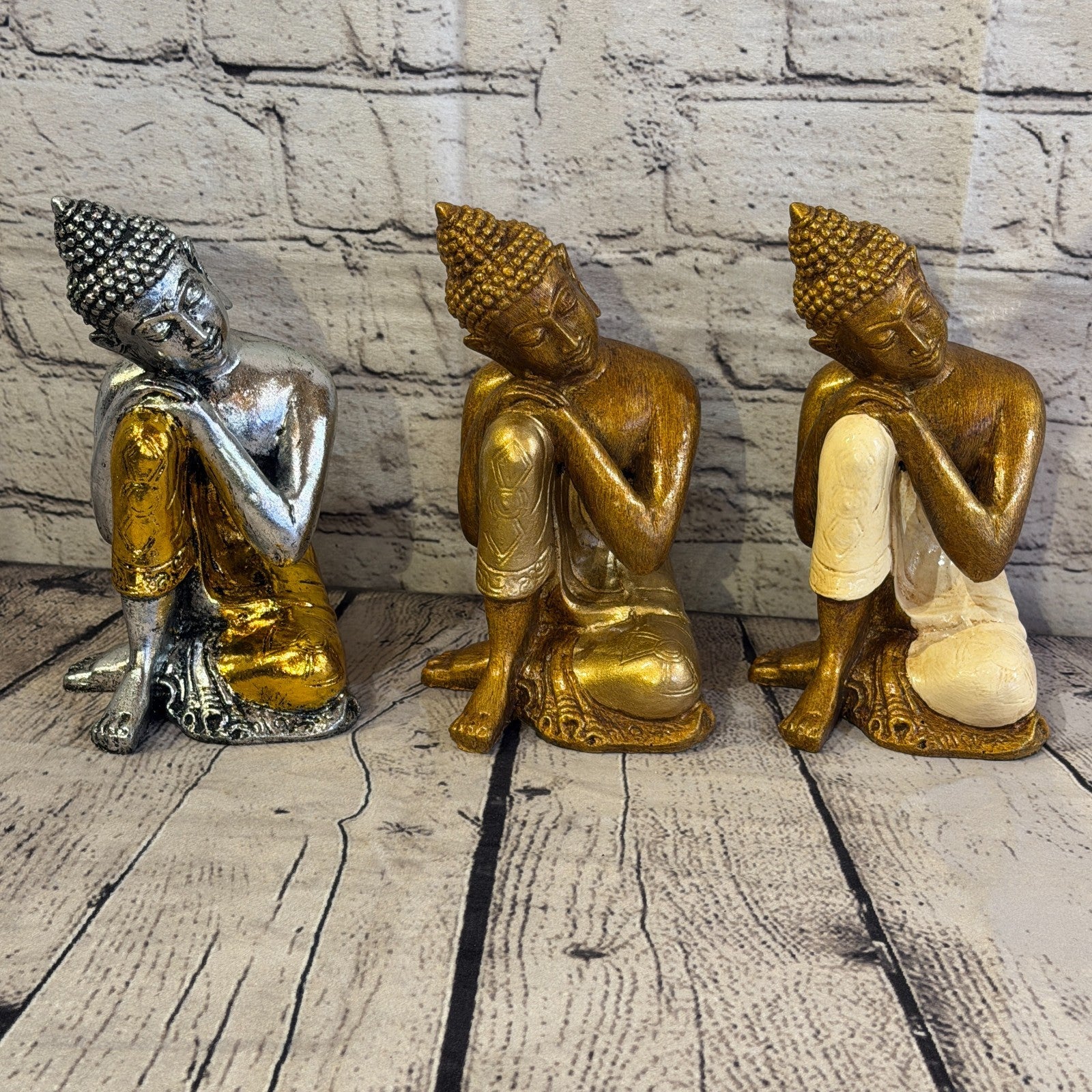 Cream & Bronze 20cm x 10cm Thai Kneeling Buddha Sitting  Statue Resin Hindu8