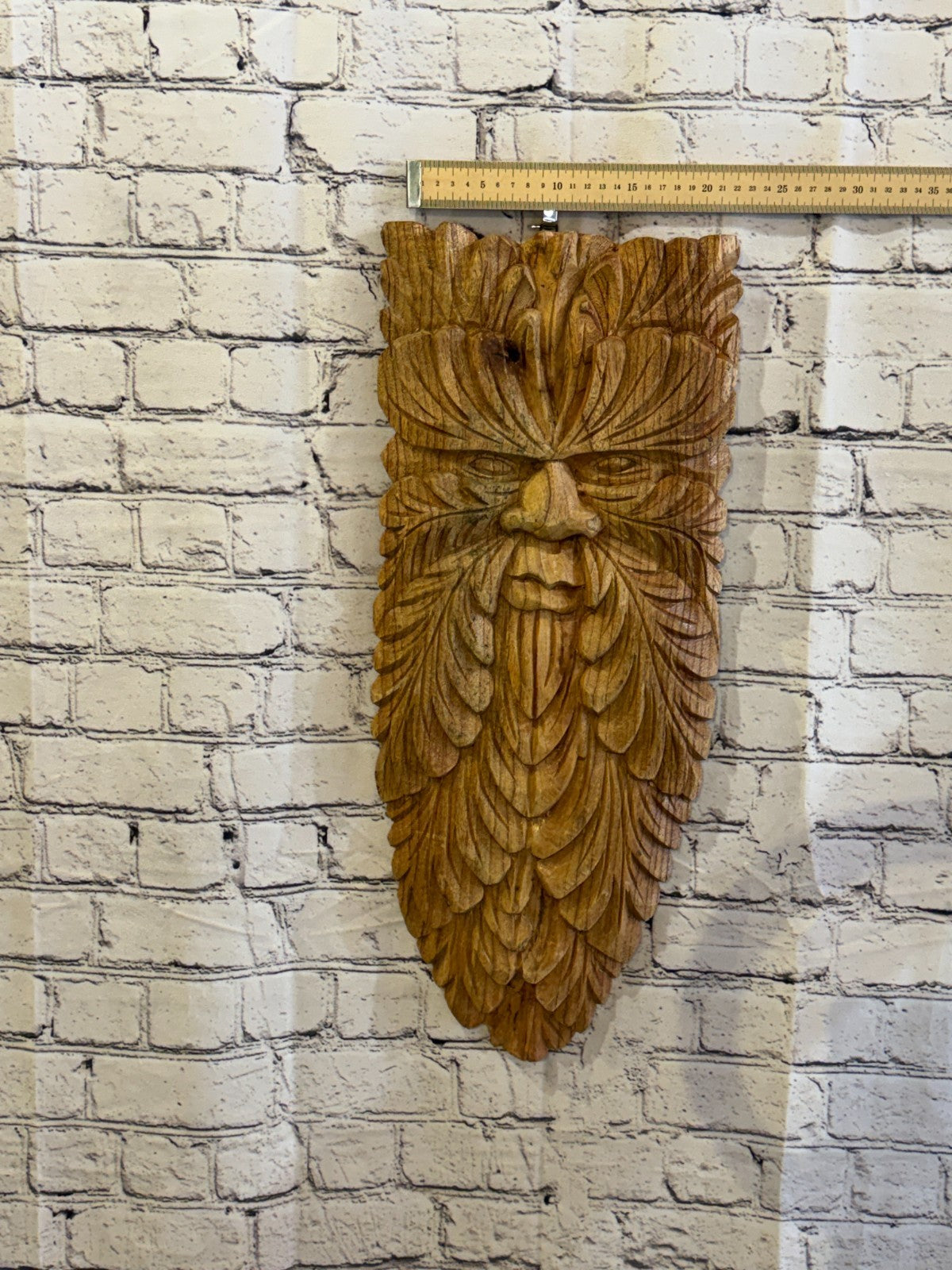 Green Man Of The Woods 60cm x 25cm Flat Carved Wizard Tree Trunk Wood Fairtrade3