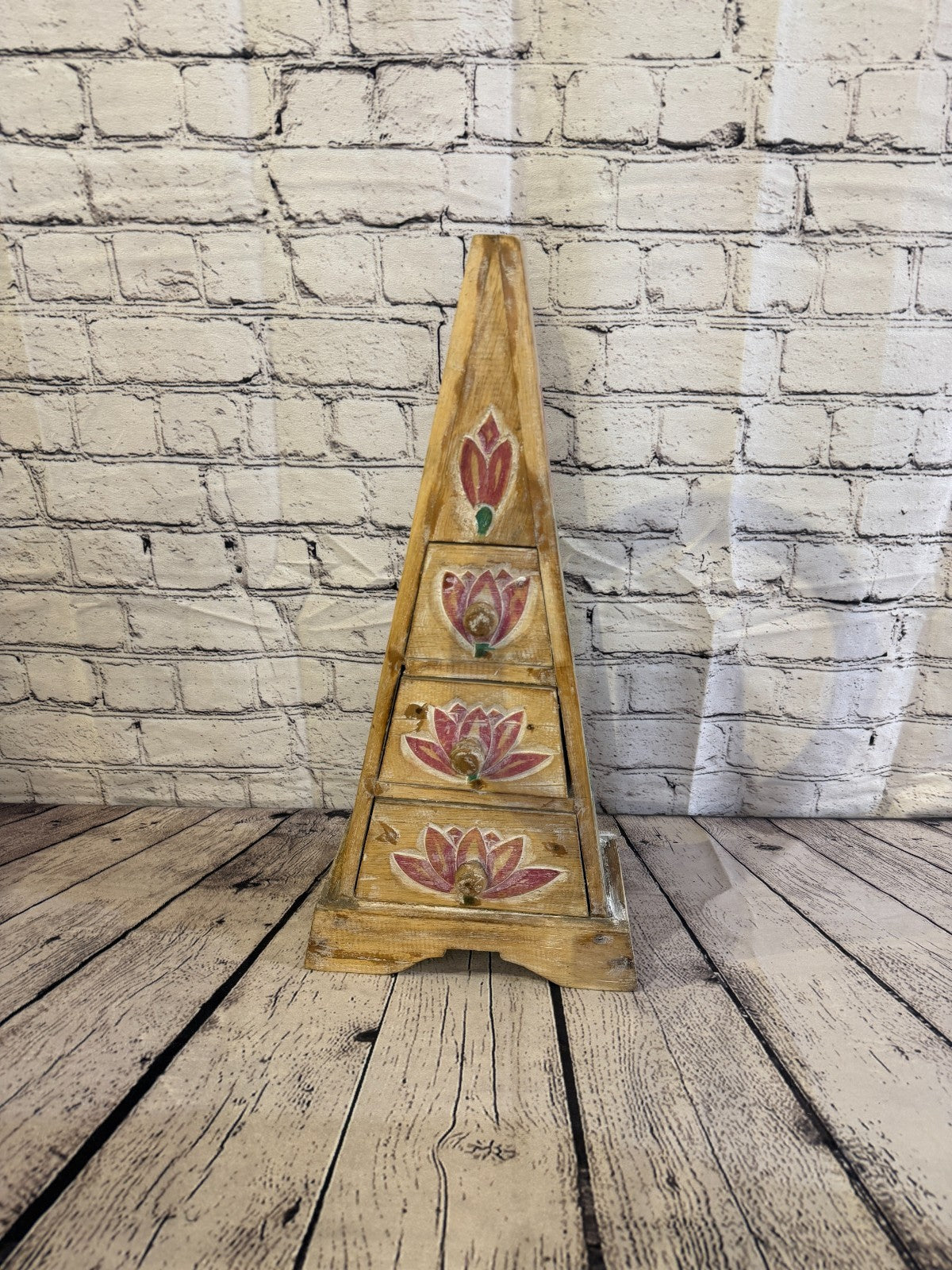 50cm x 22cm Flower 3 Draw Pyramid Wooden Side Cabinet Living Storage Furniture1