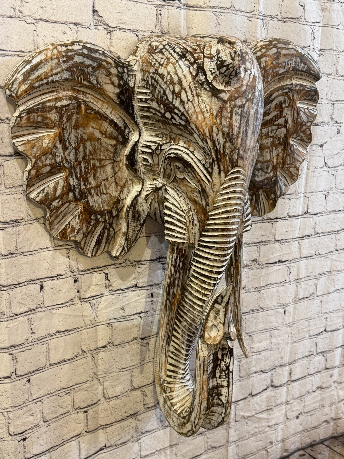 80cm x 65cm Brown Carved Wood Elephant Head Wall Mounted Art Large Shabby0