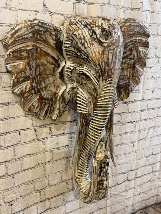 80cm x 65cm Brown Carved Wood Elephant Head Wall Mounted Art Large Shabby0