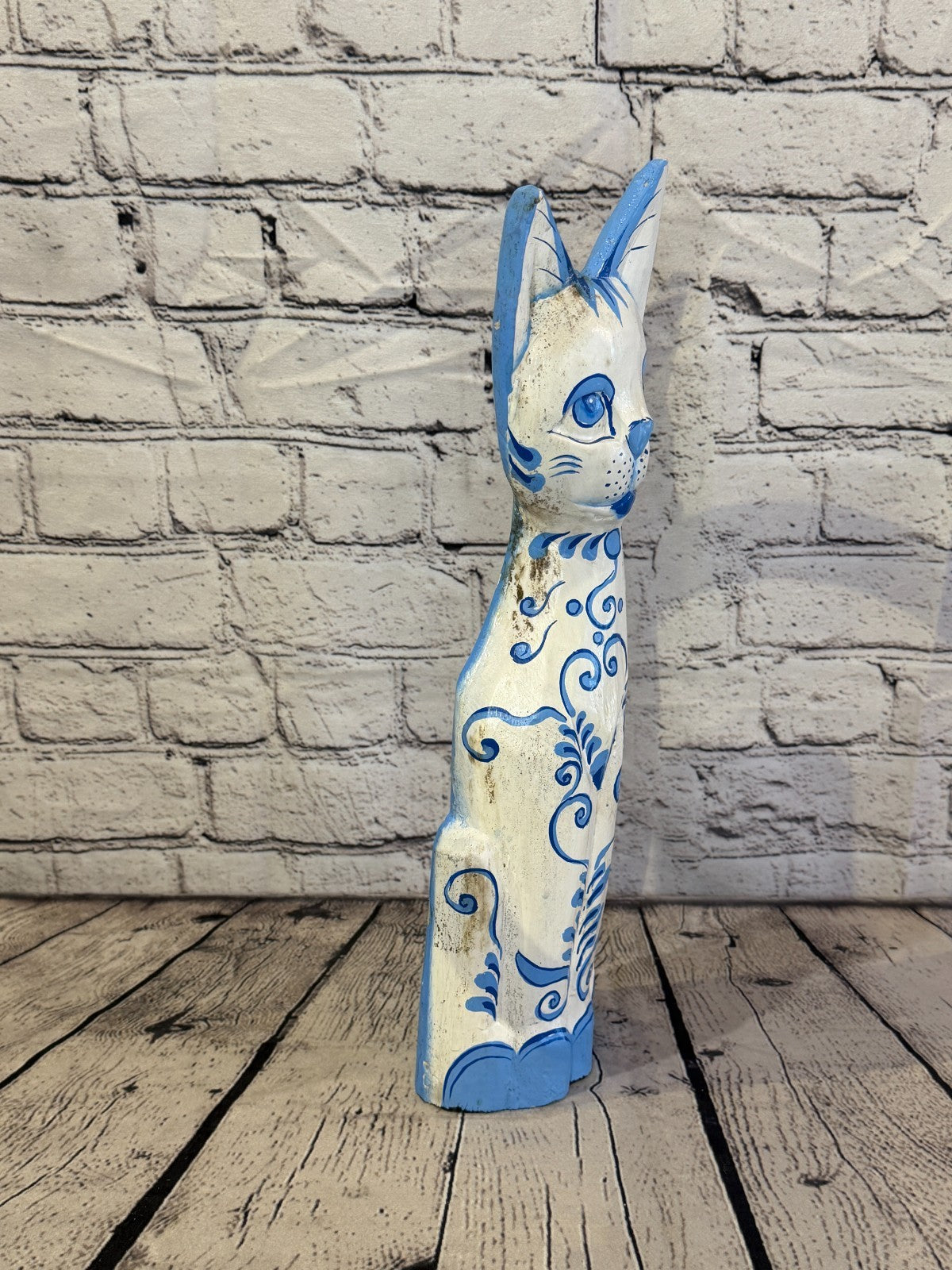 40cm Blue White Flower Wooden Shabby Cat Statue Ornament Fair Trade Handcarved2