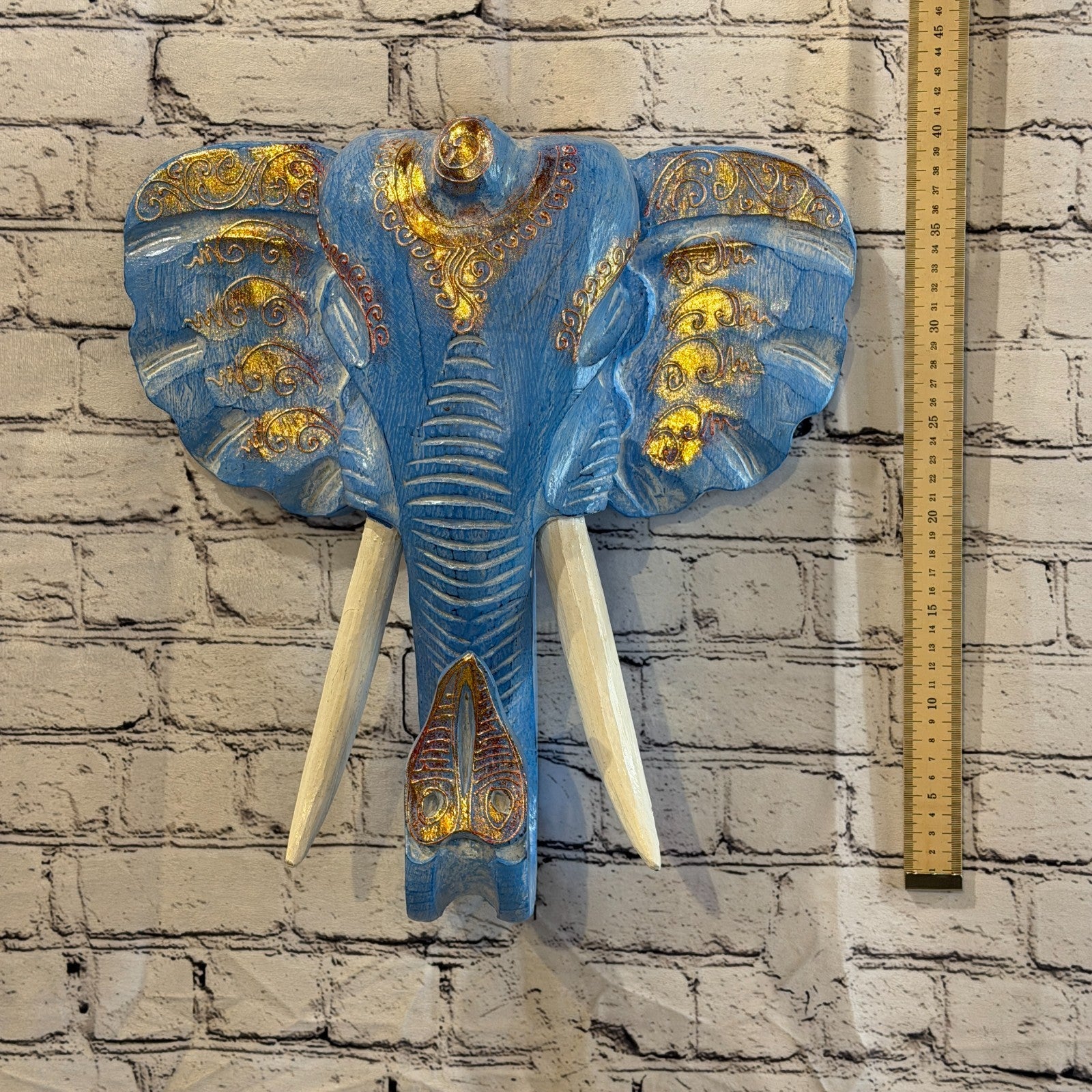 40cm x 40cm Blue Gold Painted Wood Elephant Head Wall Mounted Art Shabby4