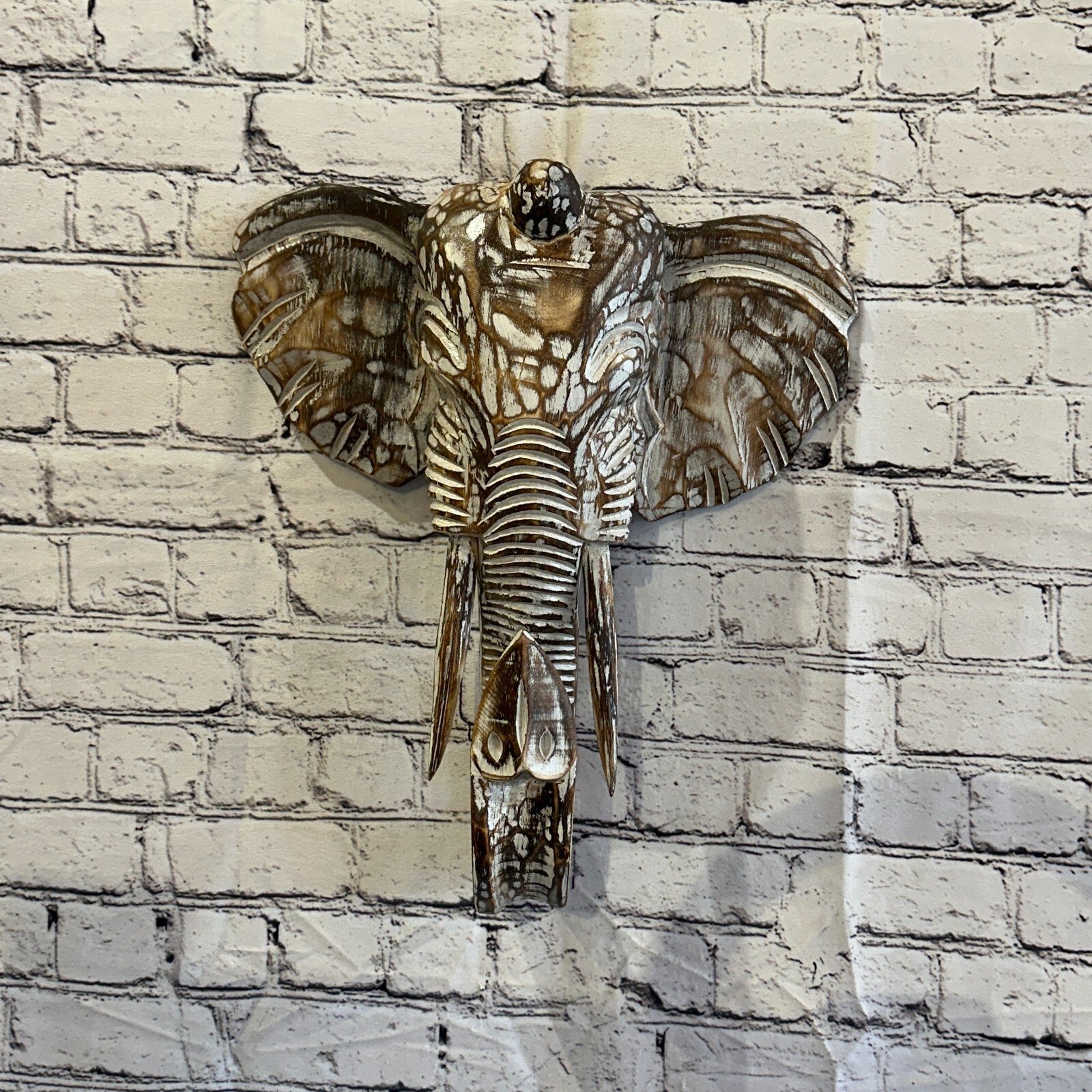 40cm x 35cm Brown Carved Wood Elephant Head Wall Mounted Art Large Shabby2