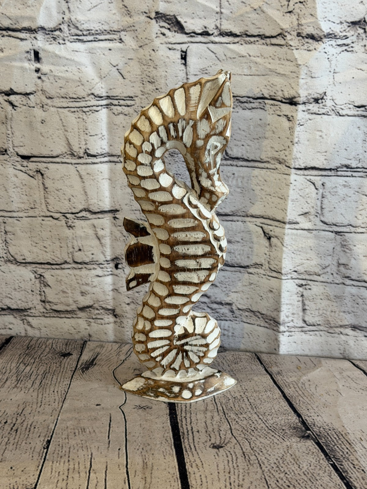 30cm Brown Wooden Shabby Seahorse Statue Ornament Fair Trade Handcarved3