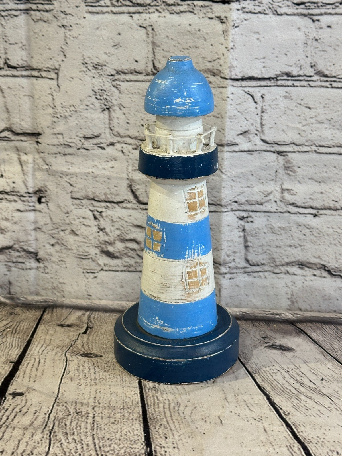 25cm Blue White Wooden Lighthouse Ornament Nautical Coastal Sculpture Statue0