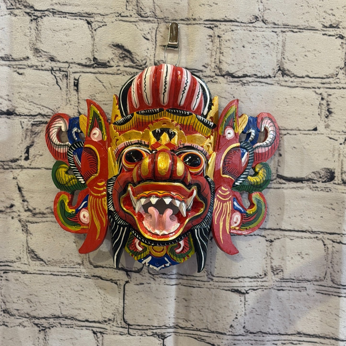 20cm Barong Wide Red Demon Dragon Hindu Deity Wooden Hand Carved Mask Painted3