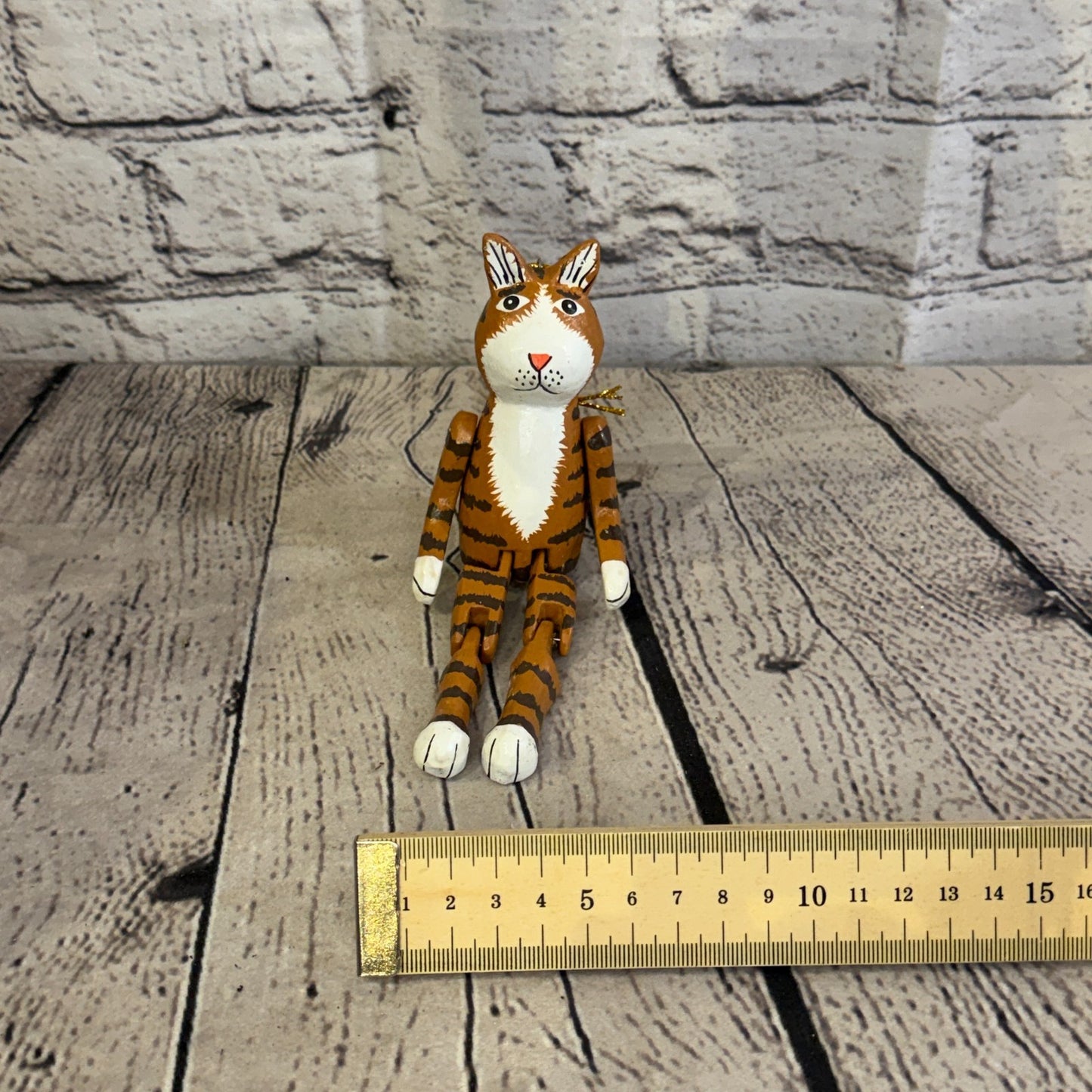 10cm Brown Tabby Cat Sitting Animal, Wooden Shelf Ornament Handmade Fairtrade6
