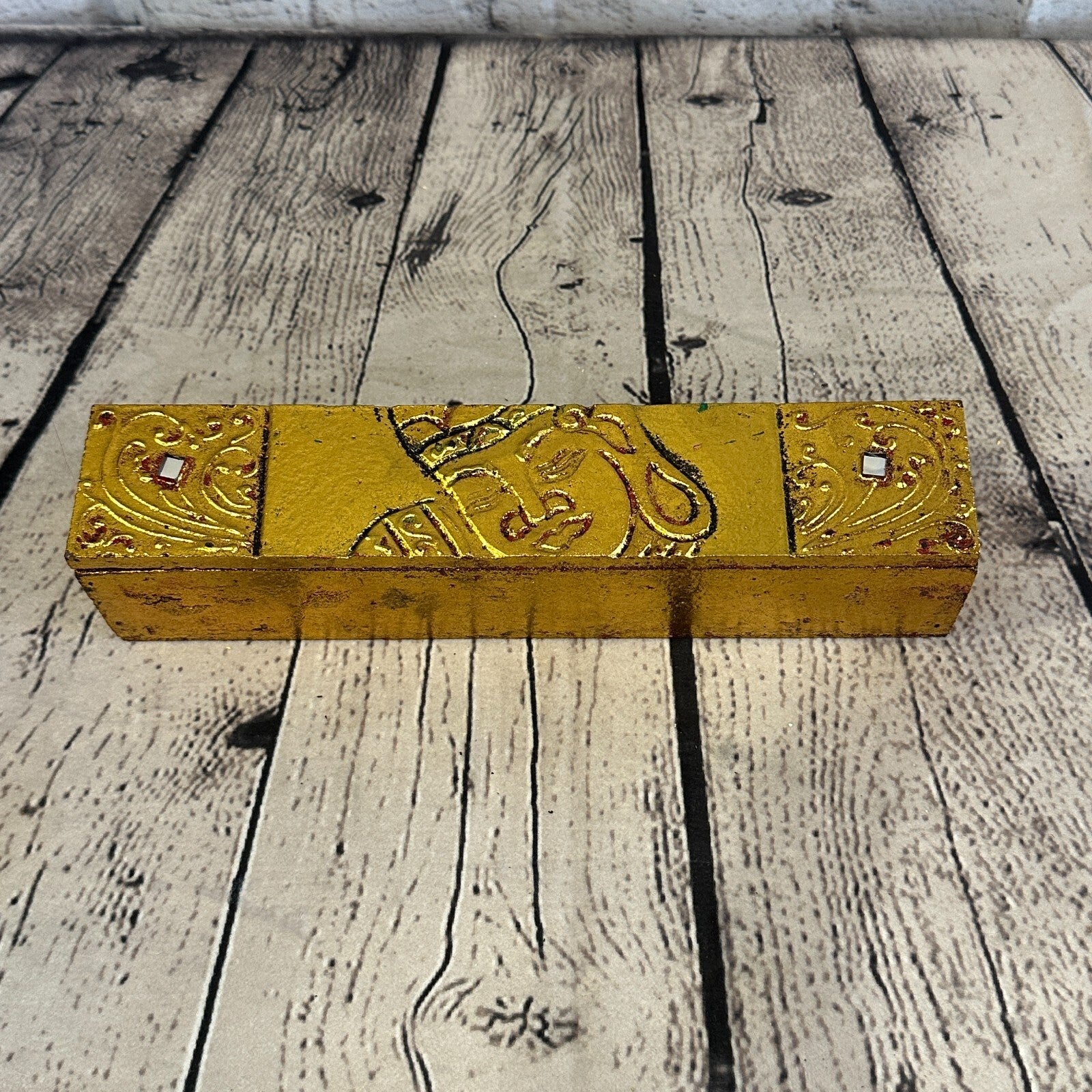 Bright Gold Thai Plain Buddha Head 25cm x 5cm x 5cm Wooden Box Trinket Handmade0