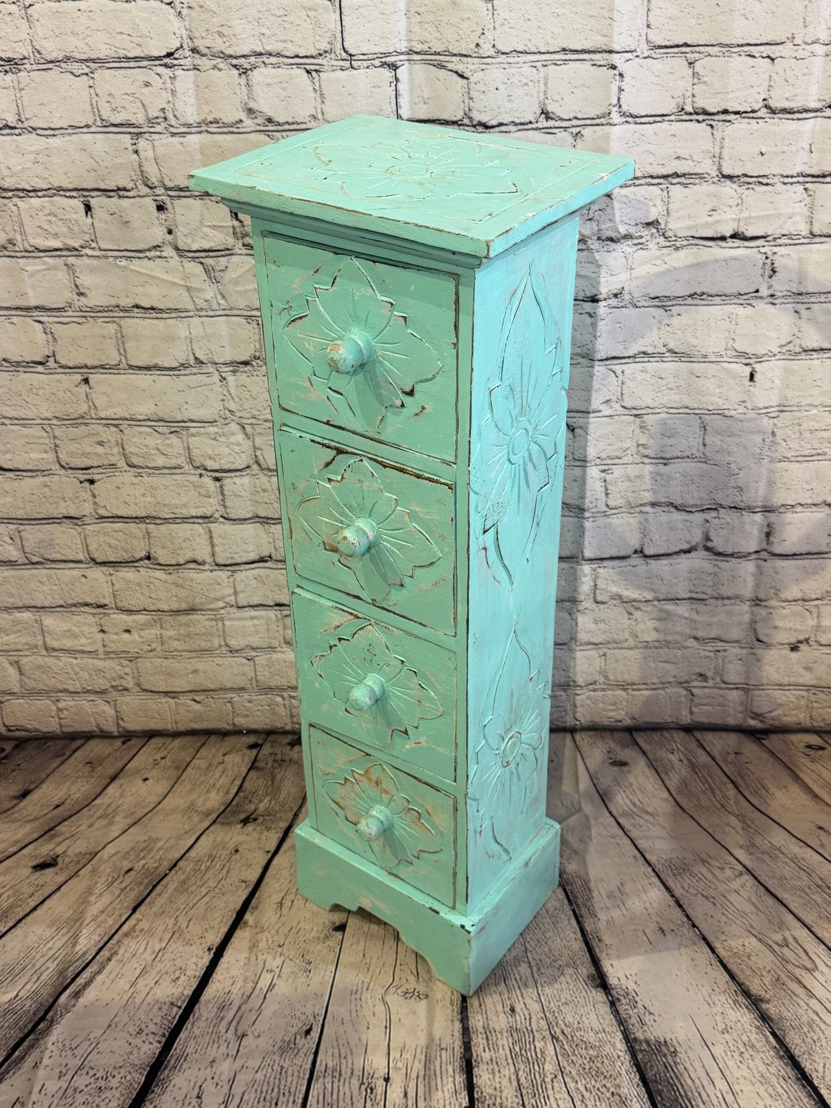80cm x 25cm Blue 4 Draw Pillar Wooden Side Cabinet Living Storage Furniture0