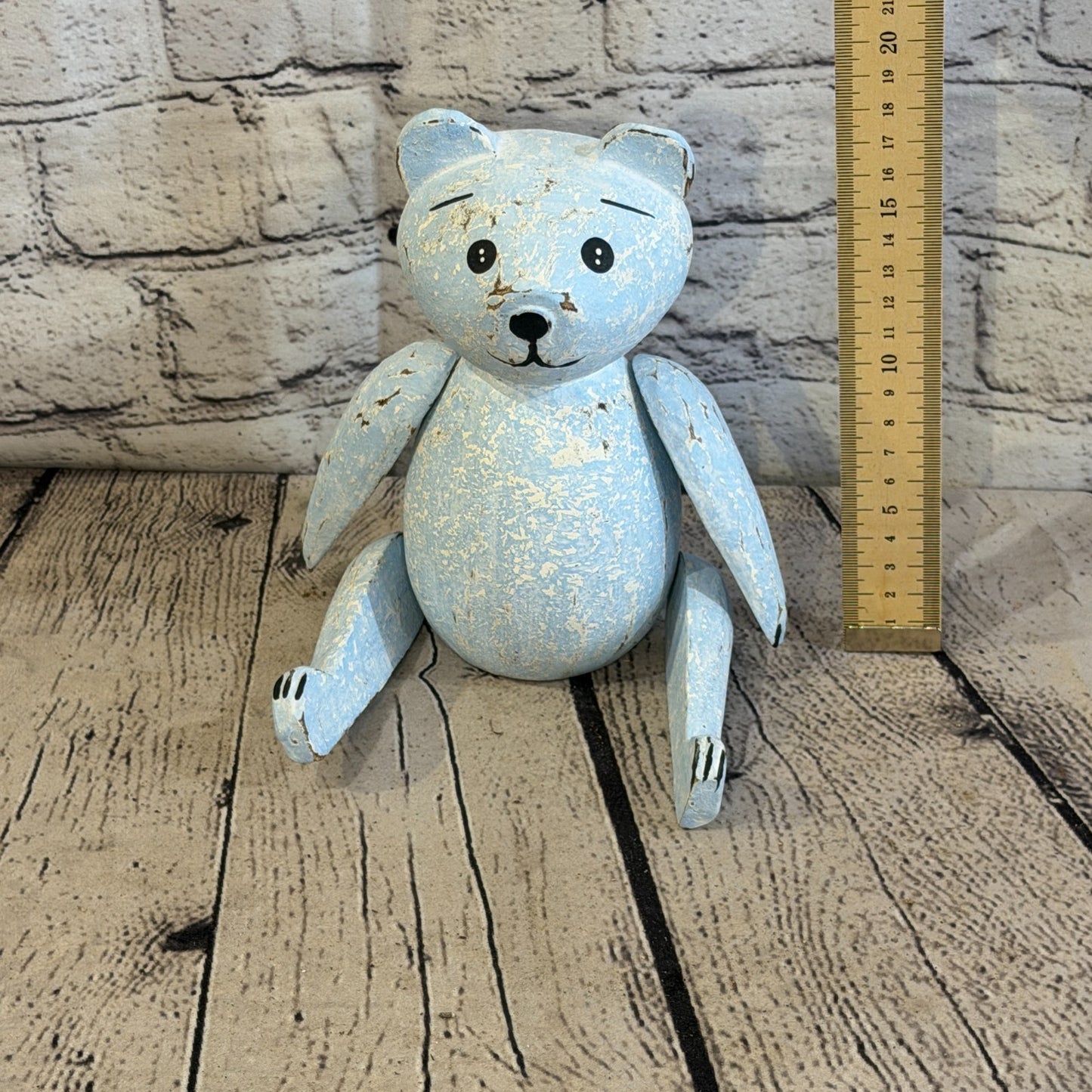 18cm Blue Teddy Bear Sitting Animal, Wooden Shelf Ornament Handmade & Fairtrade5