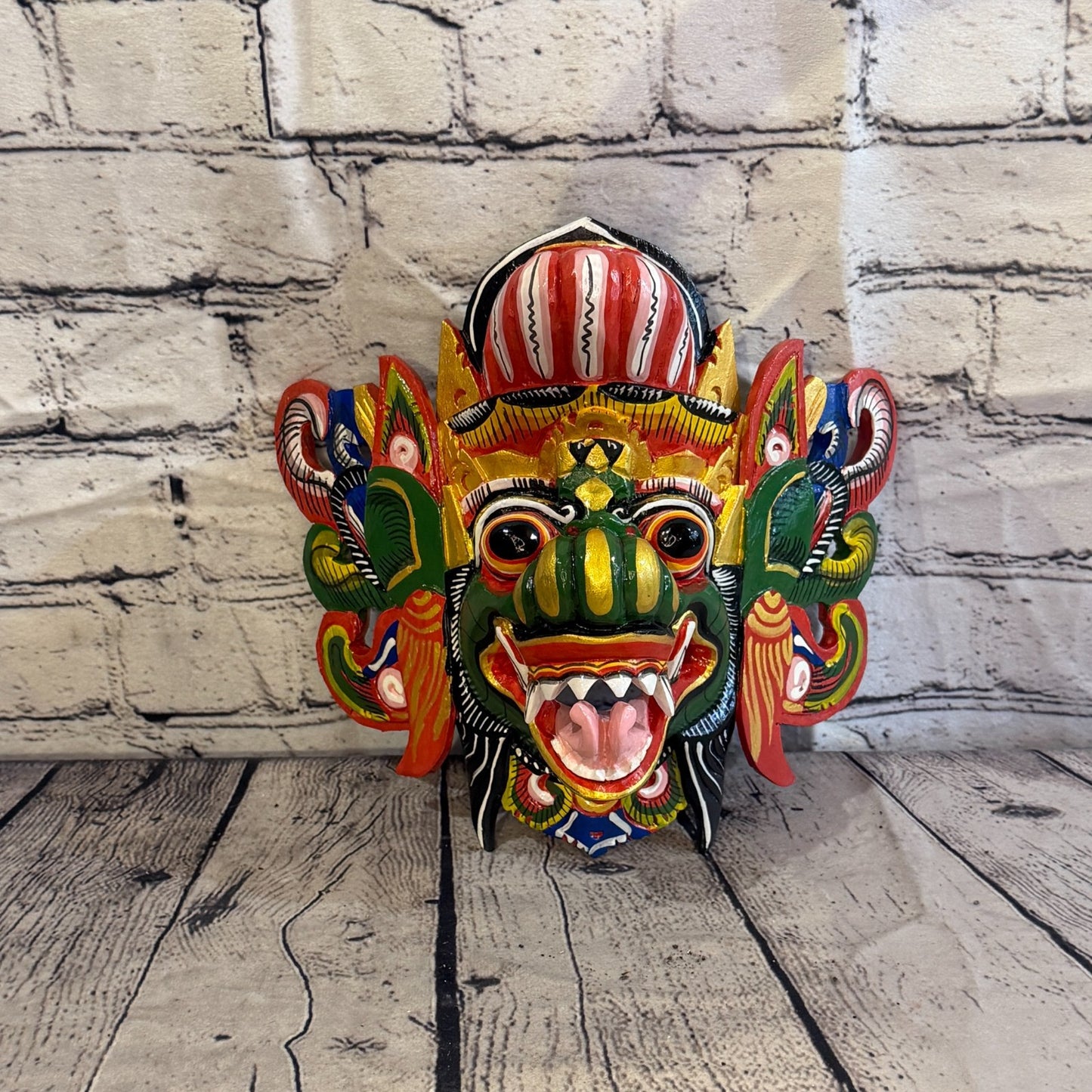 20cm Barong Wide Green Demon Dragon Hindu Deity Wooden Hand Carved Mask Painted2