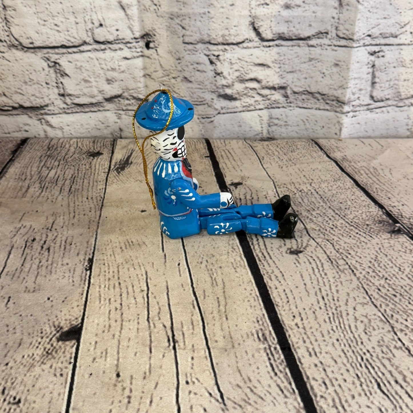 10cm Blue Day Of The Dead Man Sitting Animal, Wooden Shelf Ornament Fairtrade3