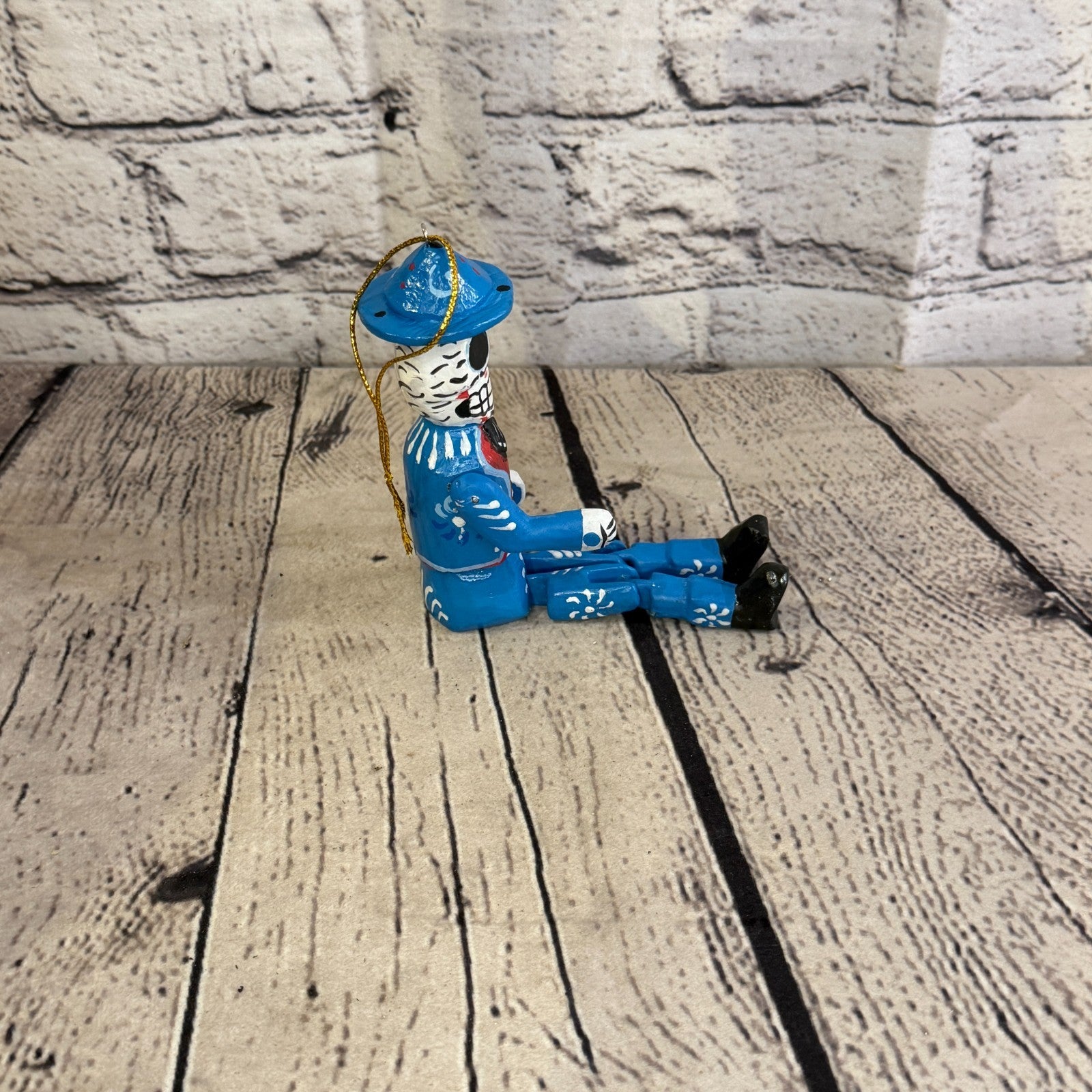10cm Blue Day Of The Dead Man Sitting Animal, Wooden Shelf Ornament Fairtrade3