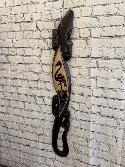 100cm Flamingo Gecko Carved Wooden Brown Work Painted Ethnic Tribal Tiki Art1