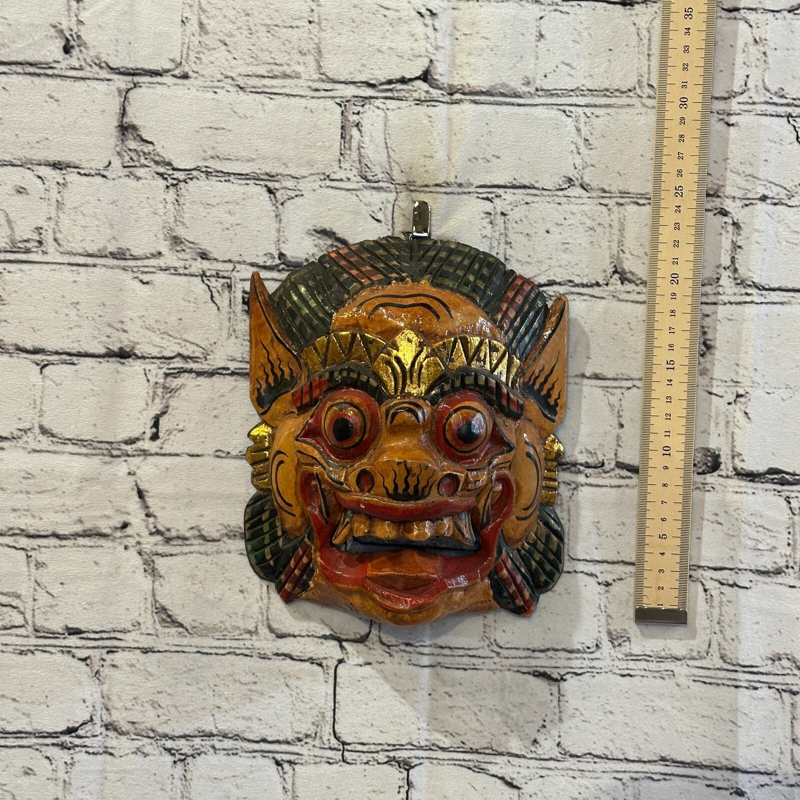 Large Wooden Natural Barong Wall Mask 20cm x 20cm Handmade And Fairtrade Hindu3