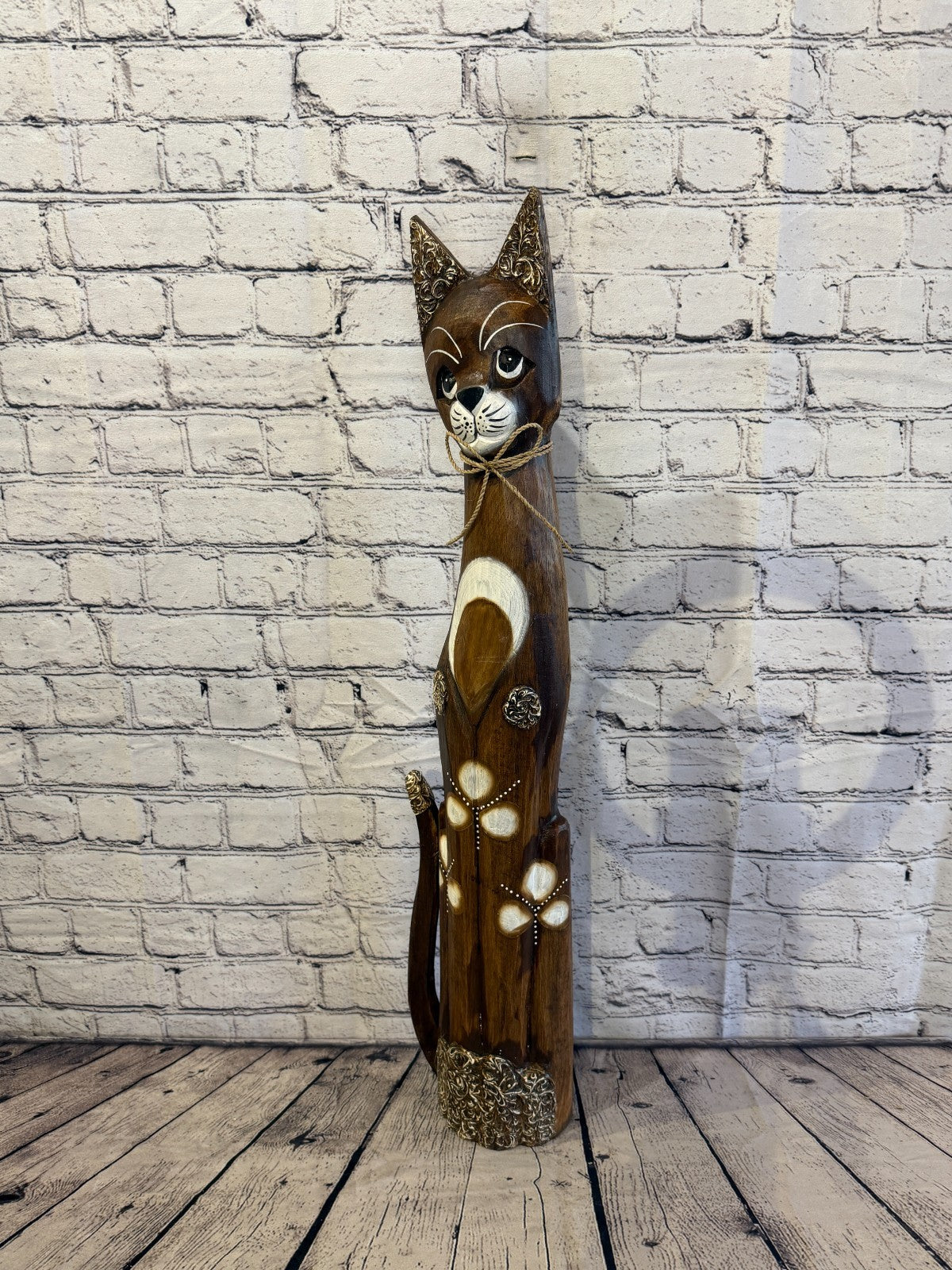 80cm Brown Silver Dots Wooden Shabby Cat Statue Ornament Fair Trade Handcarved1