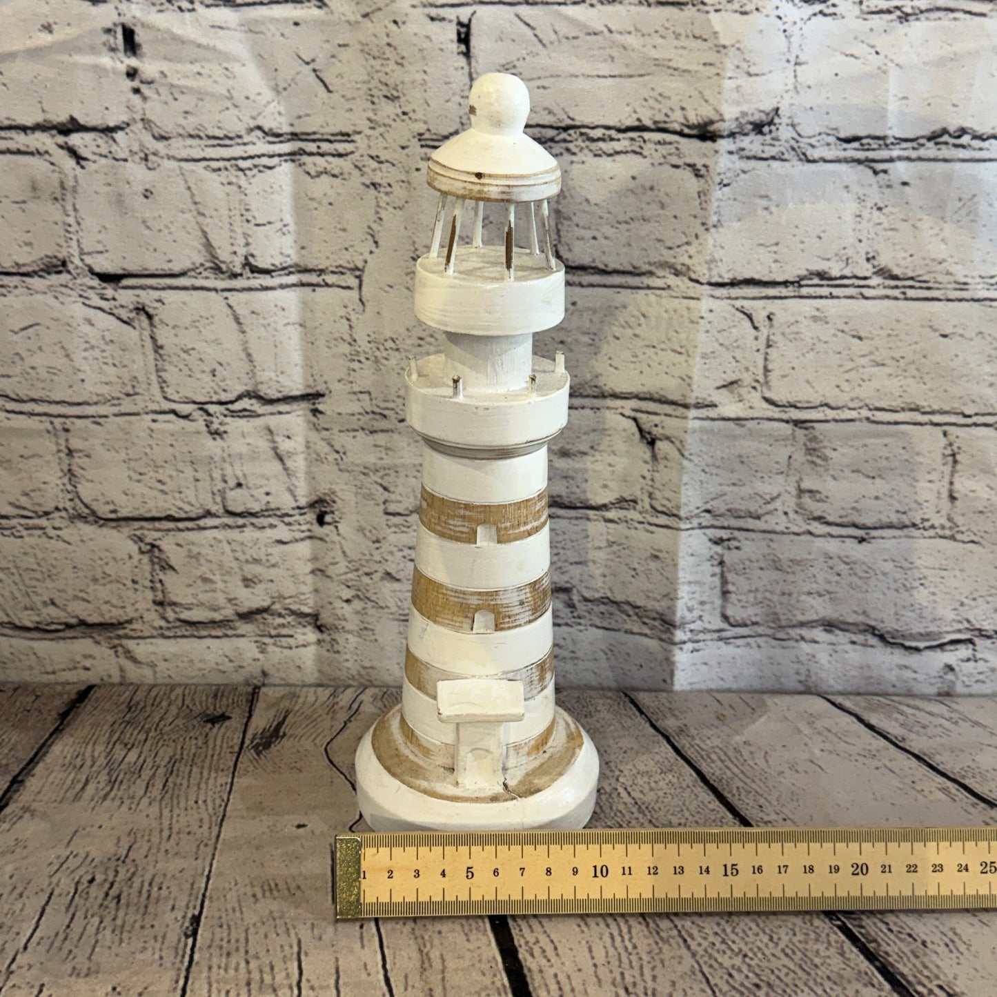 30cm Cream White Wooden Lighthouse Detailed Ornament Nautical Coastal Sculpture4