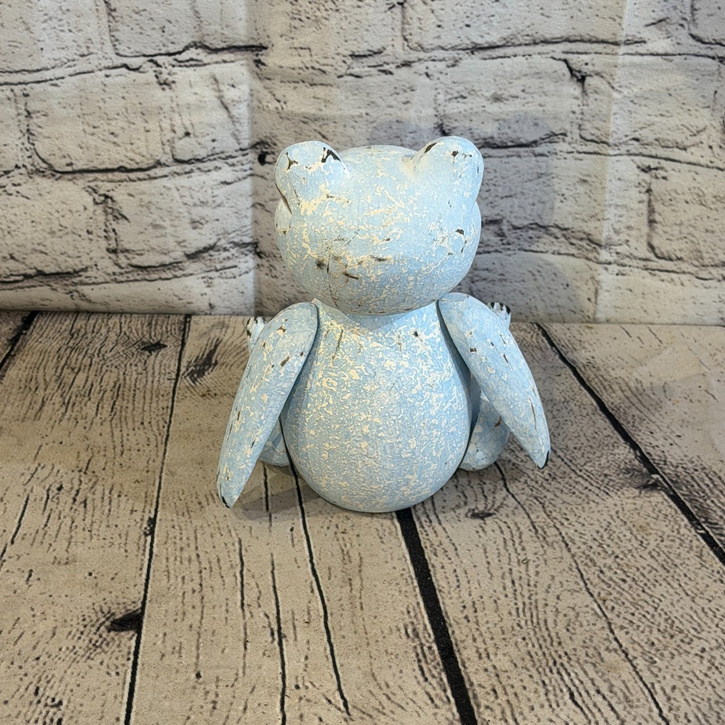 18cm Blue Teddy Bear Sitting Animal, Wooden Shelf Ornament Handmade & Fairtrade4