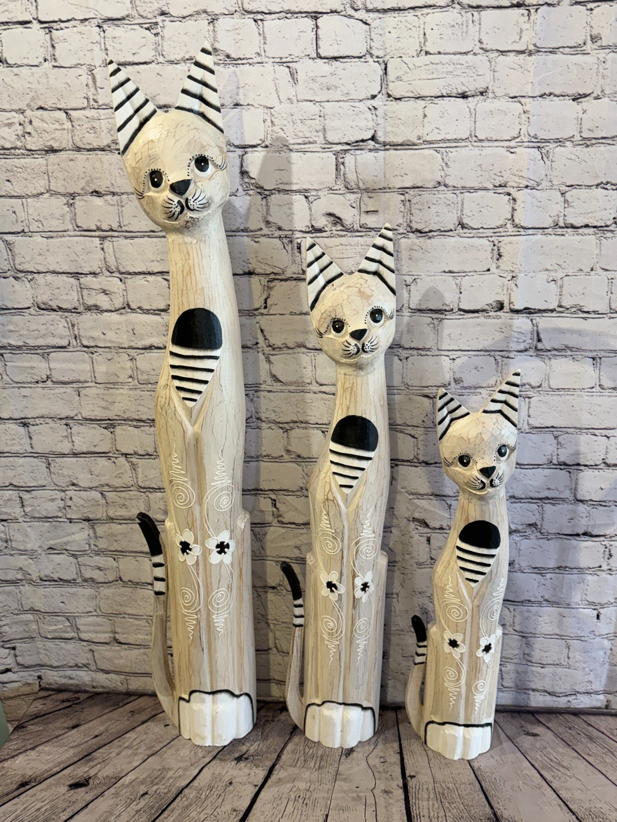 60cm White Flower Wooden Shabby Cat Statue Ornament Fair Trade Handcarved8