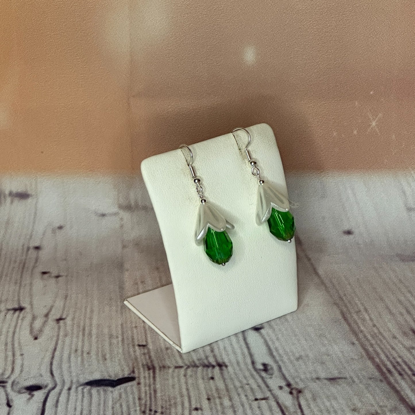 Green Drop Crystal Lily Flower Dangle Drop Earrings Handmade UK Jewellery2