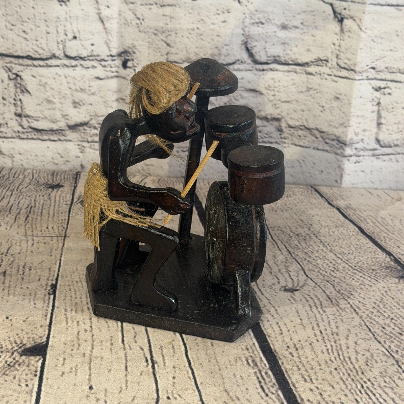 15cm Drum Kit Playing African Tribal Warrior Man Figure Statue Wood Hand Carved3