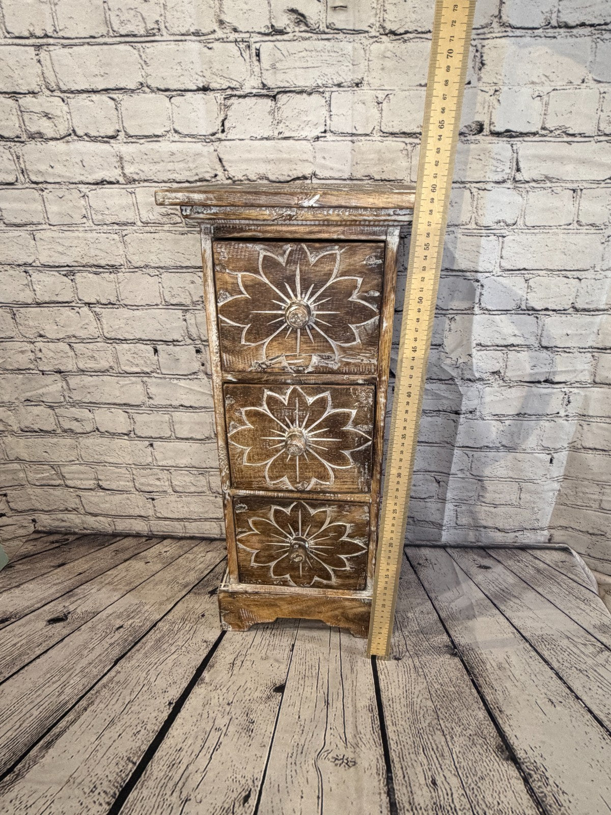 60cm x 25cm Brown 3 Draw Pillar Wooden Side Cabinet Living Storage Furniture5