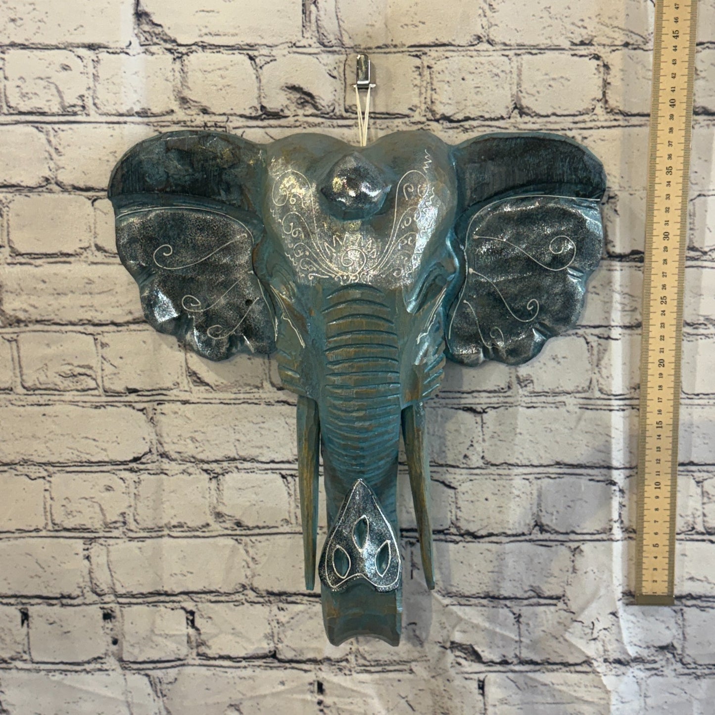40cm x 35cm Silver Blue Painted Wood Elephant Head Wall Mounted Art Shabby4