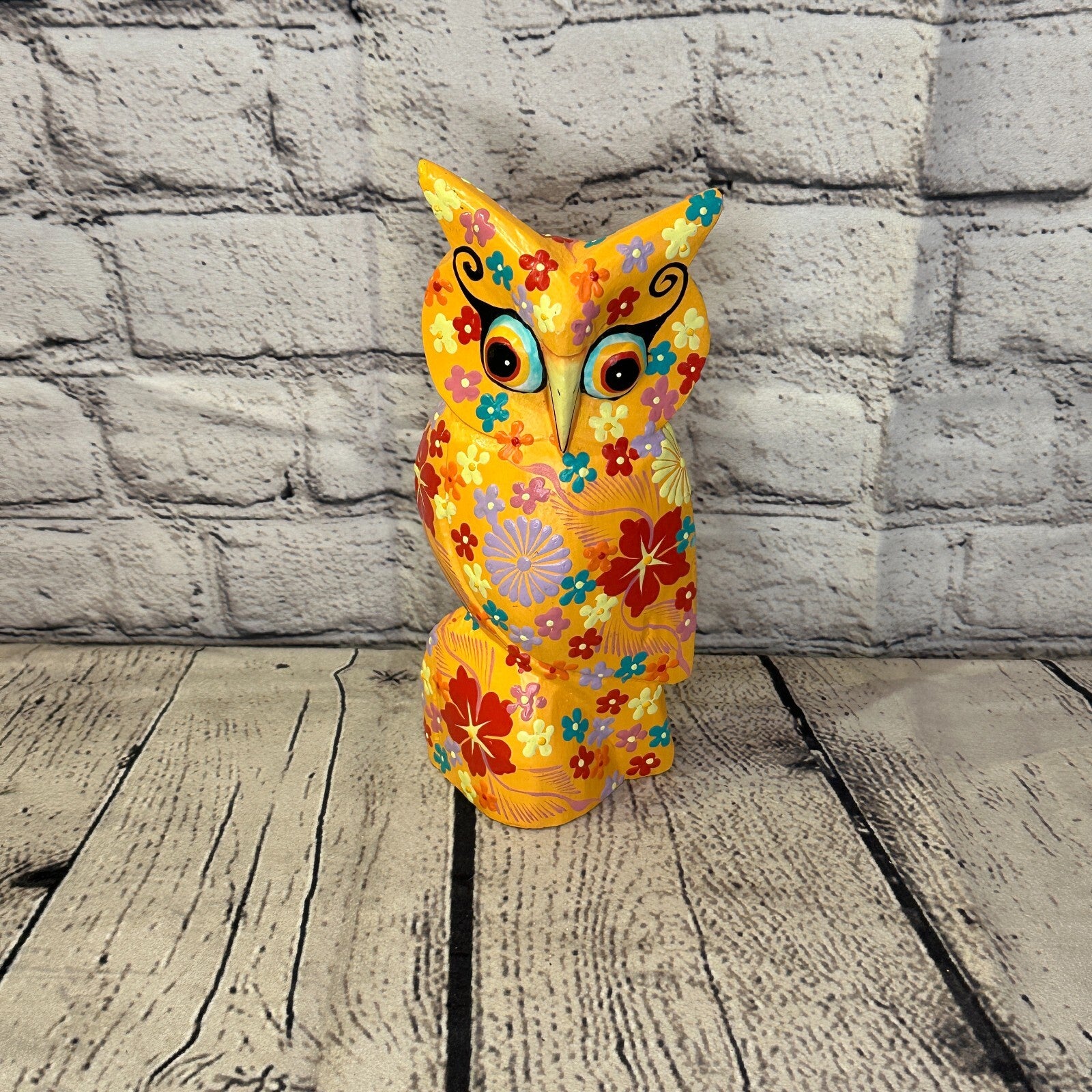 Orange Large Wooden Owl With Flower Pattern 20cm x 8cm Handmade and Fairtrade0