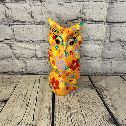 Orange Large Wooden Owl With Flower Pattern 20cm x 8cm Handmade and Fairtrade0